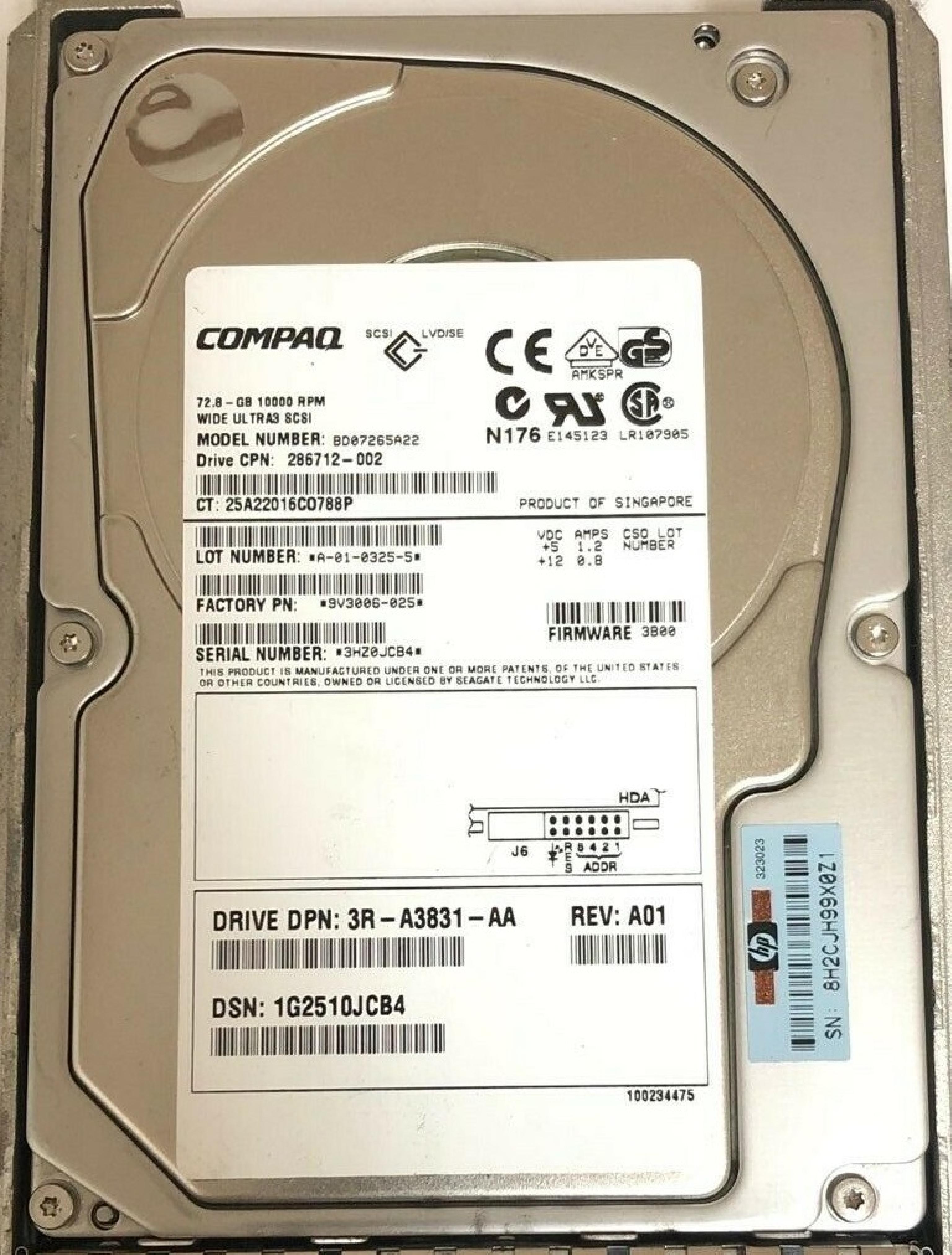 COMPAQ / HEWLETT PACKARD / HP 286712-002 72.8GB 3.5IN 10K RPM WIDE ULTRA3 SCSI LVD/SE FIRMWARE:3B00 REV: A01