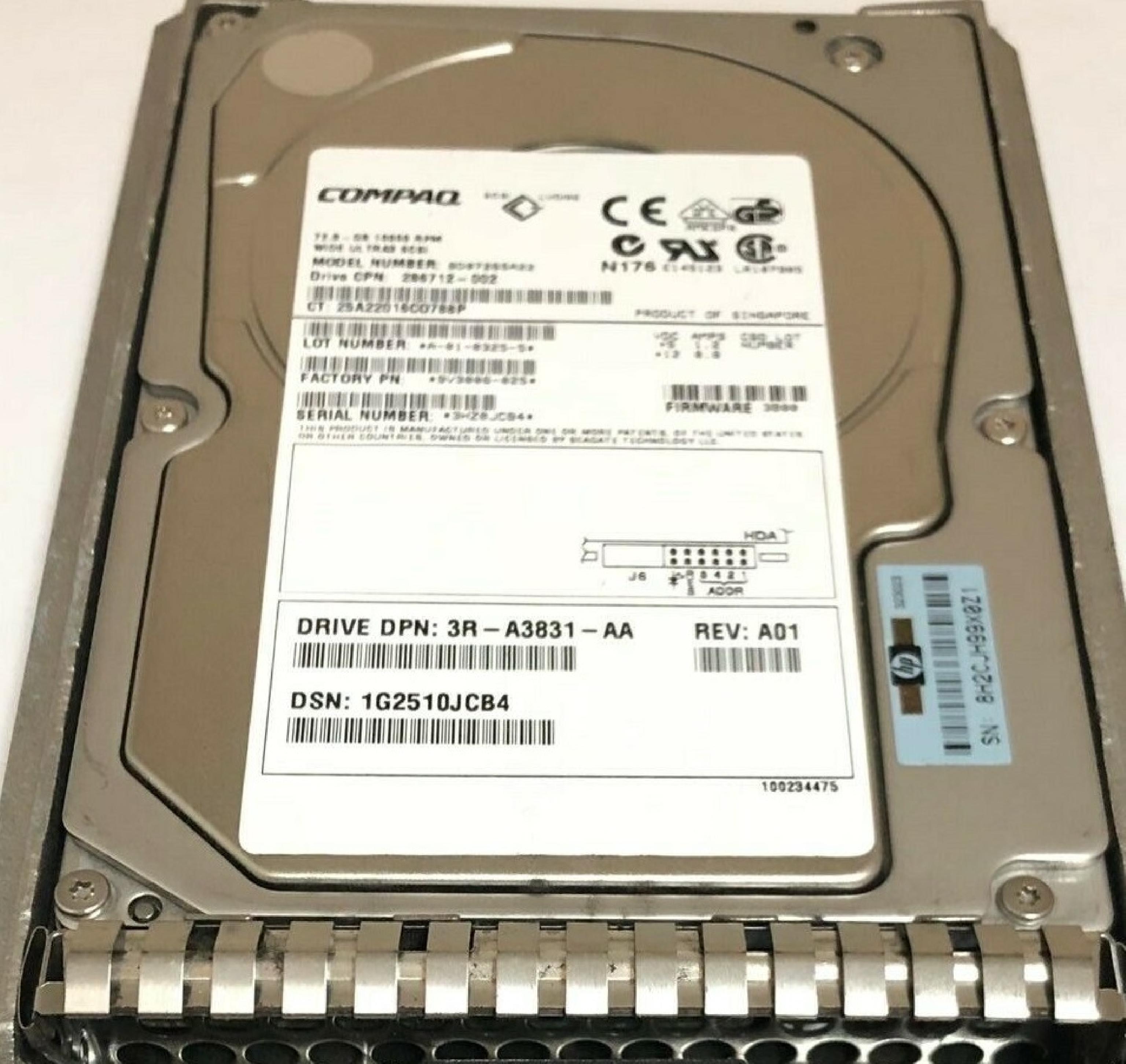 COMPAQ / HEWLETT PACKARD / HP 286712-002 72.8GB 3.5IN 10K RPM WIDE ULTRA3 SCSI LVD/SE FIRMWARE:3B00 REV: A01