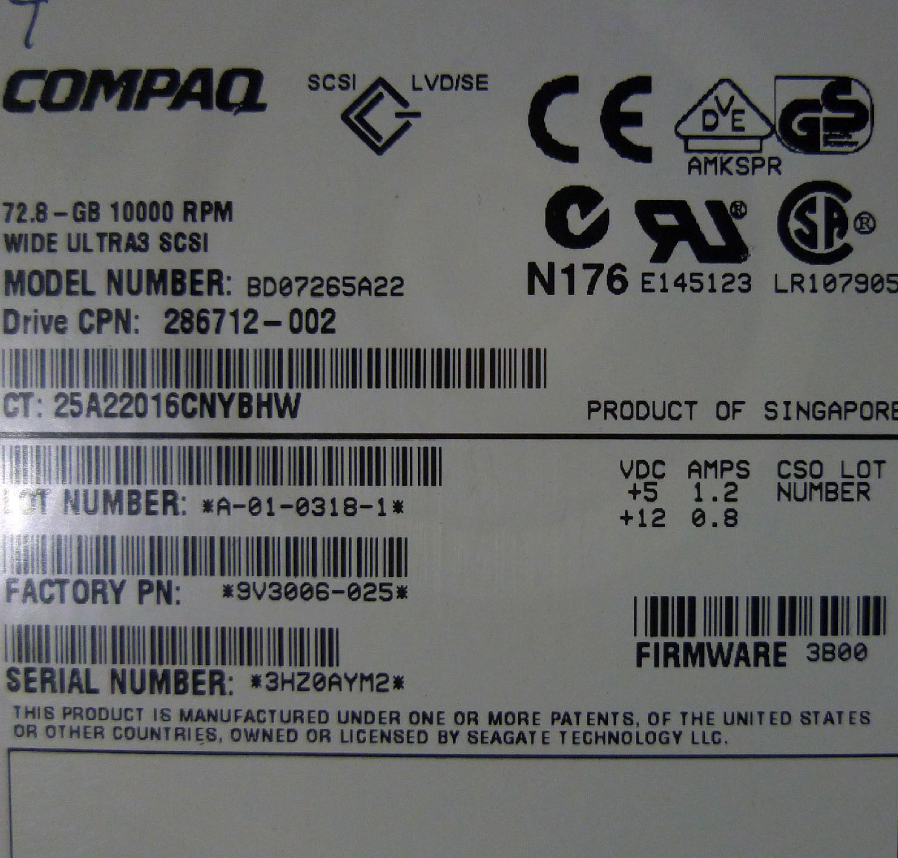 COMPAQ / HEWLETT PACKARD / HP 9V3006-025 72.8GB 3.5IN 10K RPM WIDE ULTRA3 SCSI LVD/SE FIRMWARE:3B00 REV: A01