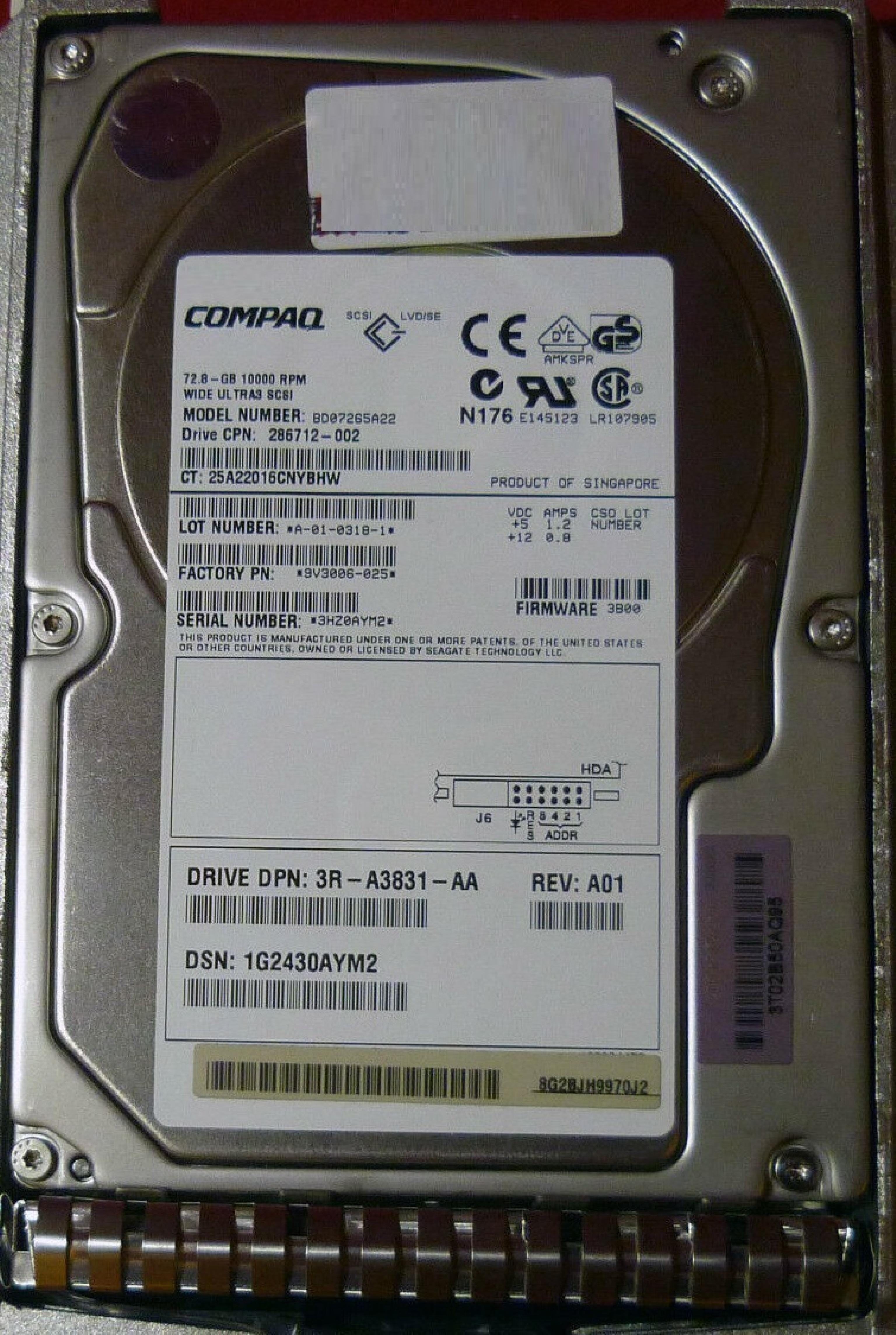 COMPAQ / HEWLETT PACKARD / HP 9V3006-025 72.8GB 3.5IN 10K RPM WIDE ULTRA3 SCSI LVD/SE FIRMWARE:3B00 REV: A01
