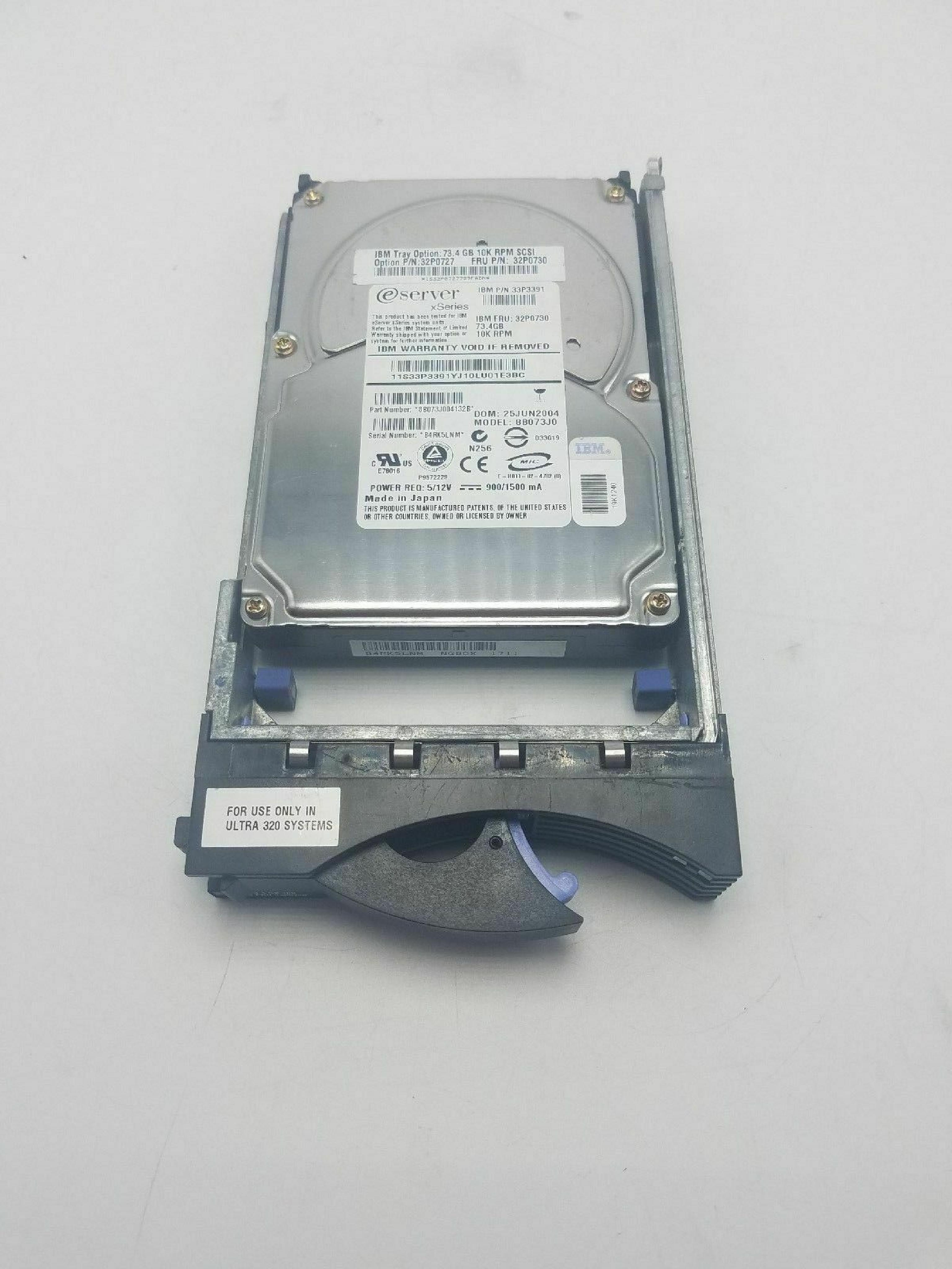 IBM 33P3374 73.4GB 3.5IN 10K RPM ESERVER XSERIES SCSI U320 LVD/SE DOM: 13SEP2004 DATE: 2004-09 ID: JW REV. NO. B0