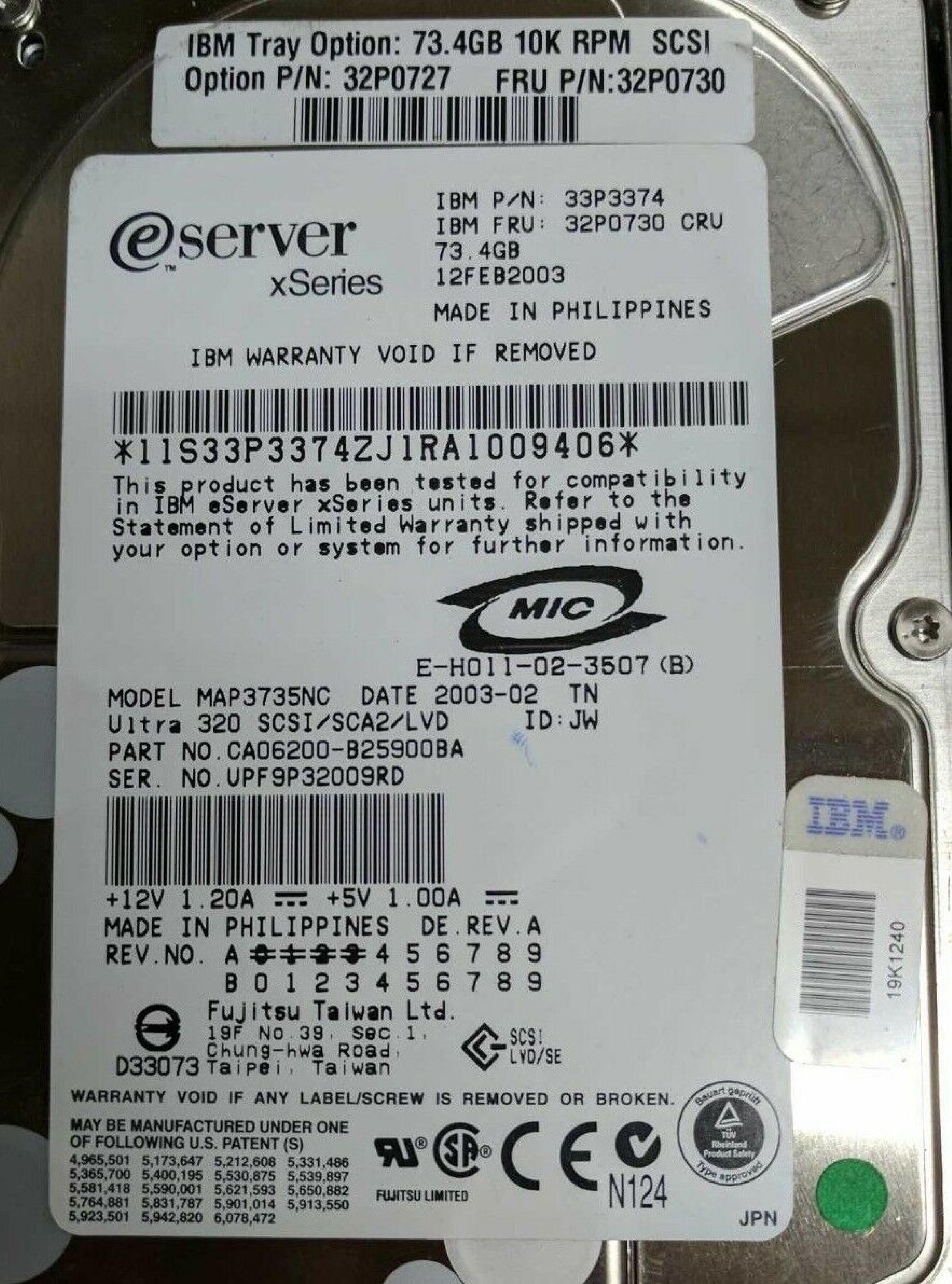 IBM 33P3374 73.4GB 3.5IN 10K RPM ESERVER XSERIES SCSI U320 LVD/SE DOM: 13SEP2004 DATE: 2004-09 ID: JW REV. NO. B0