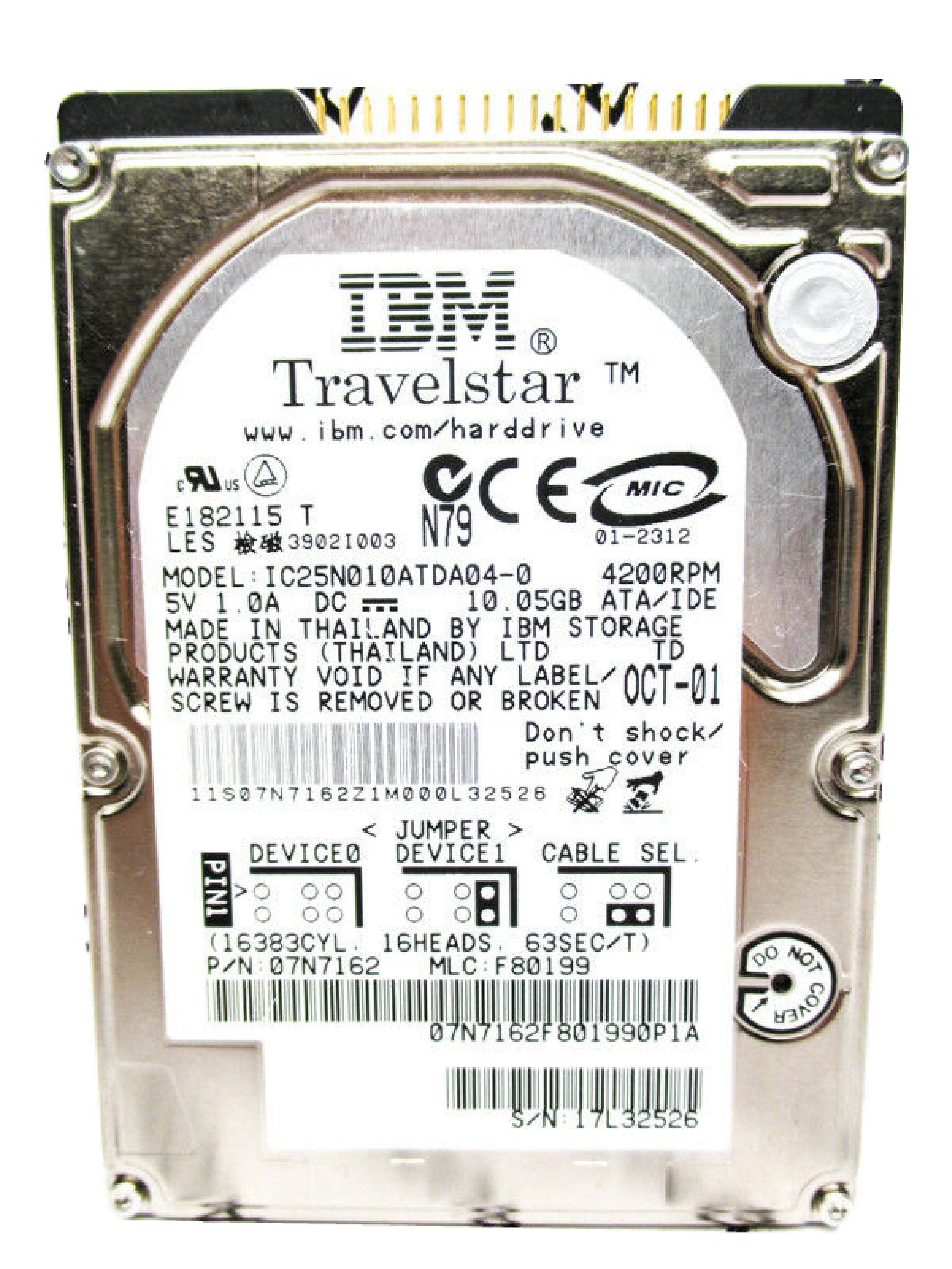 IBM 07N7162 10.05GB 2.5IN 4200 RPM TRAVELSTAR ATA/IDE JAN-02 MLC: F80199 NOV-01