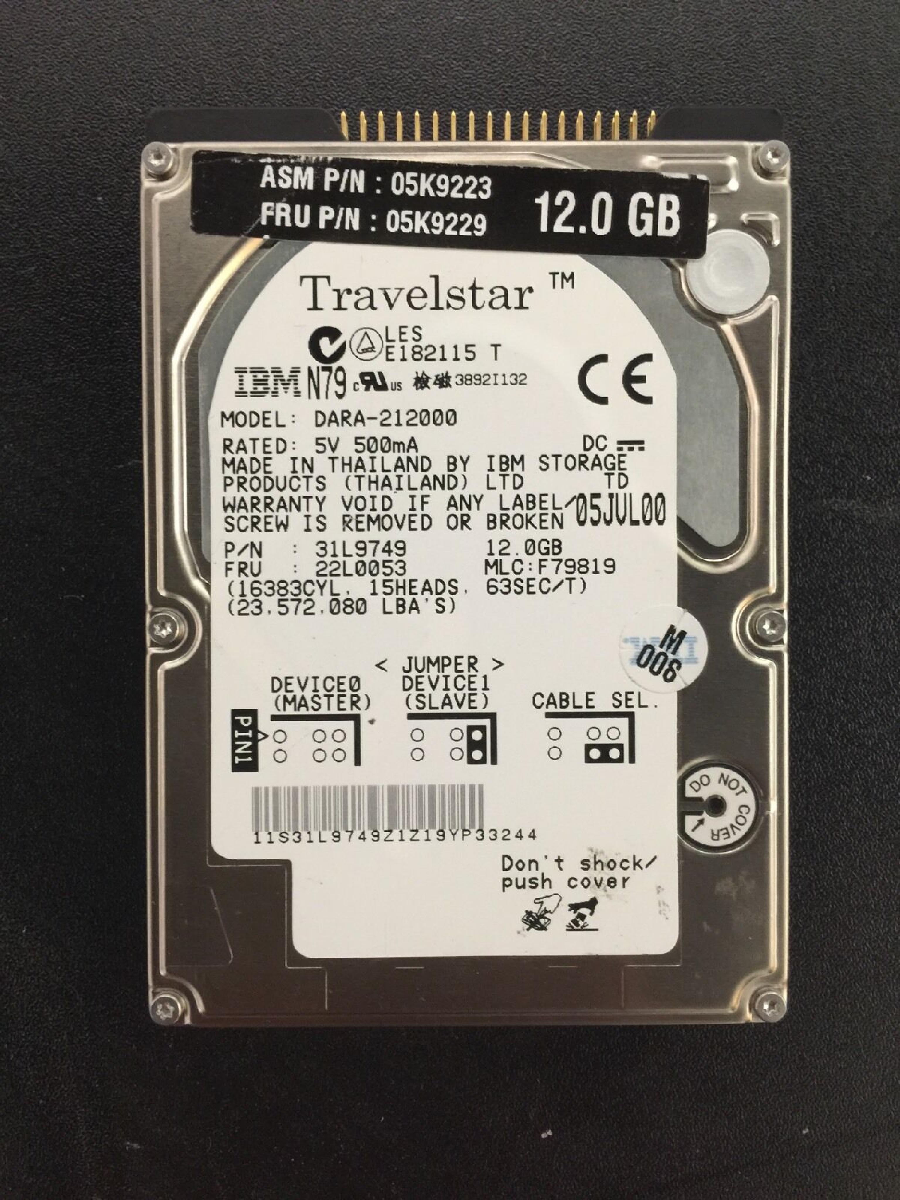 IBM 31L9800 12.07GB 2.5IN 4200 RPM TRAVELSTAR ATA/IDE SEP-00 MLC: F79806 JAN-00 F42375 JUL-00 MAR-00