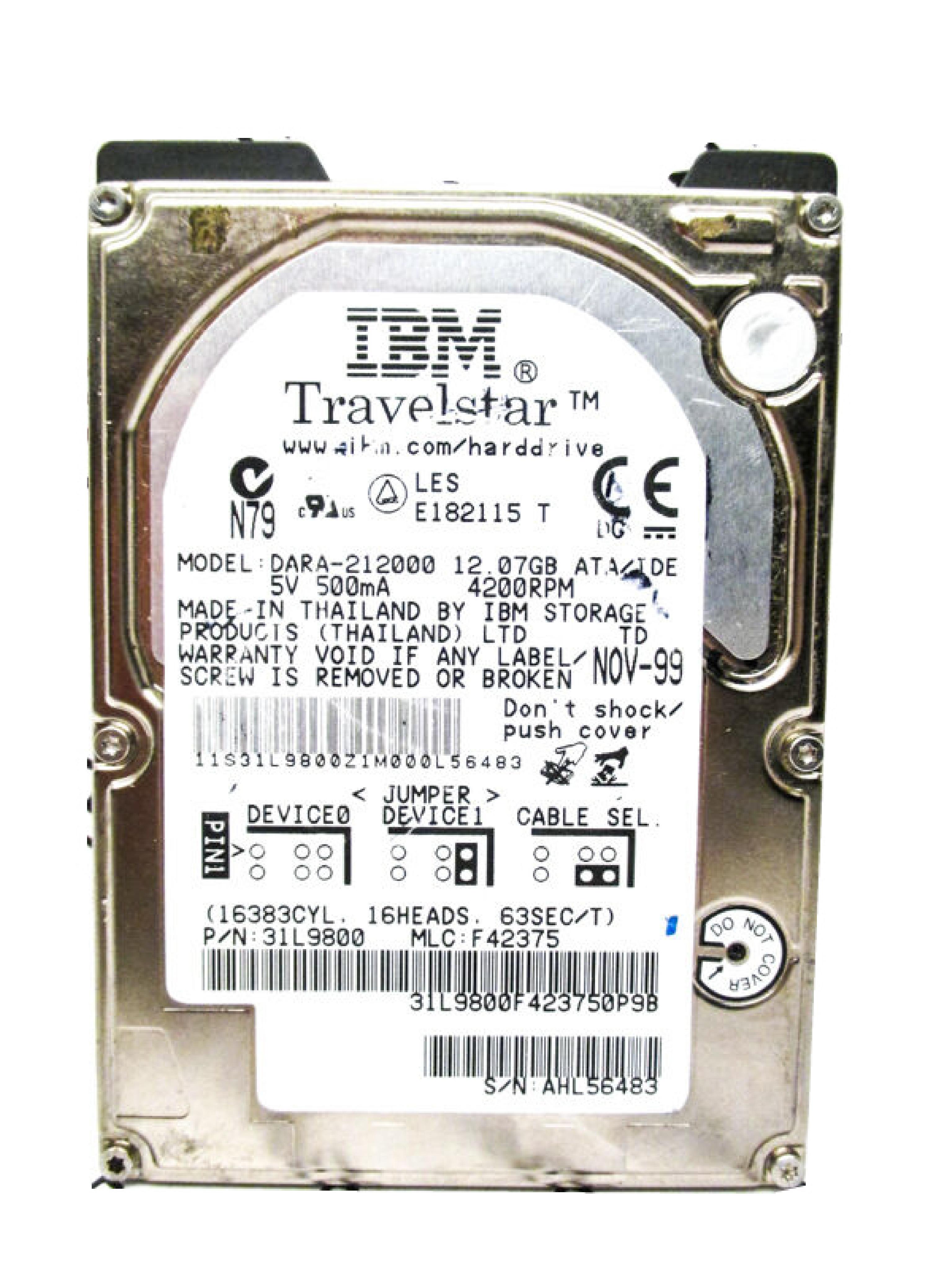 IBM 31L9800 12.07GB 2.5IN 4200 RPM TRAVELSTAR ATA/IDE SEP-00 MLC: F79806 JAN-00 F42375 JUL-00 MAR-00