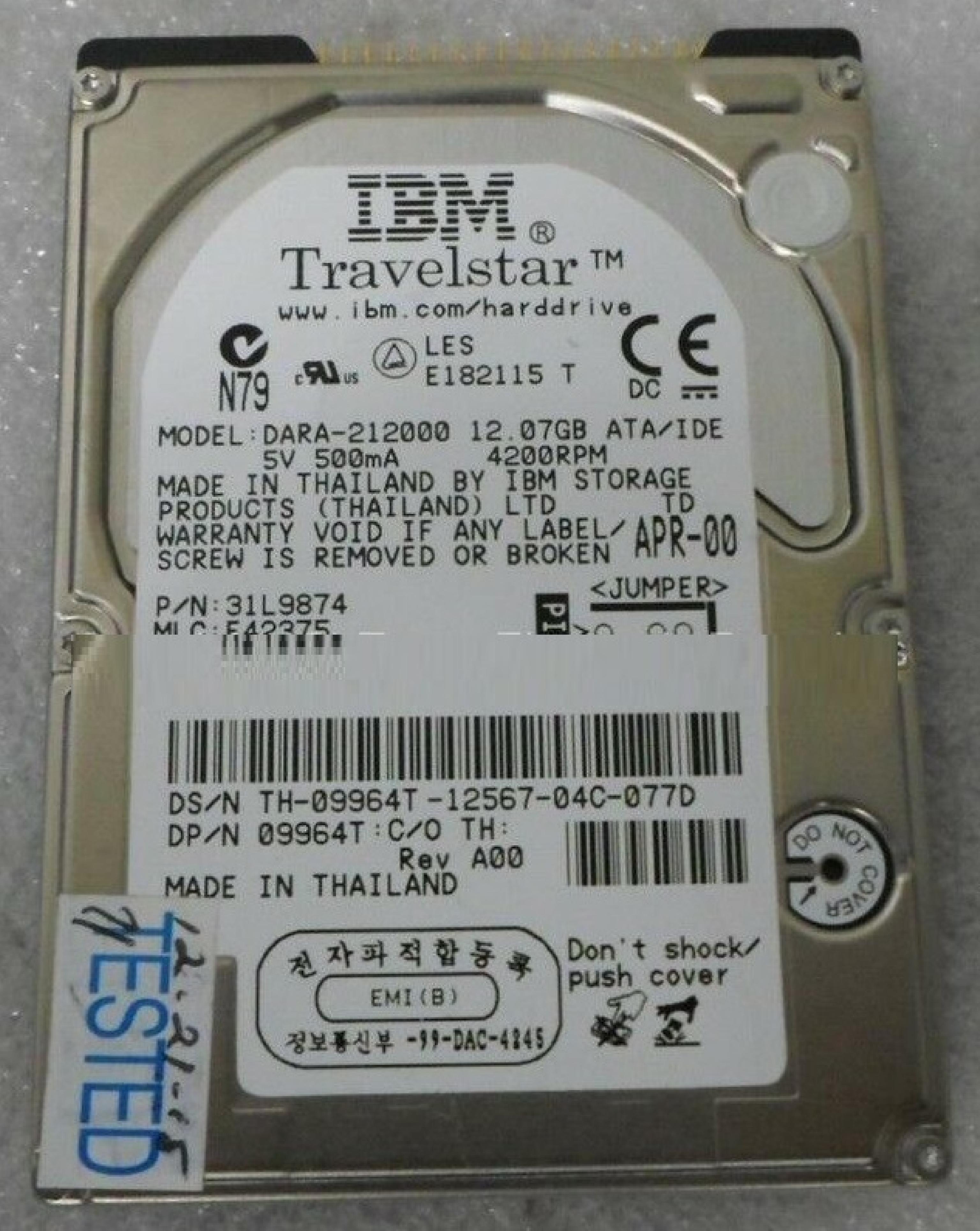 IBM 09964T 12.07GB 2.5IN 4200 RPM TRAVELSTAR ATA/IDE AUG-00 MLC: F80170