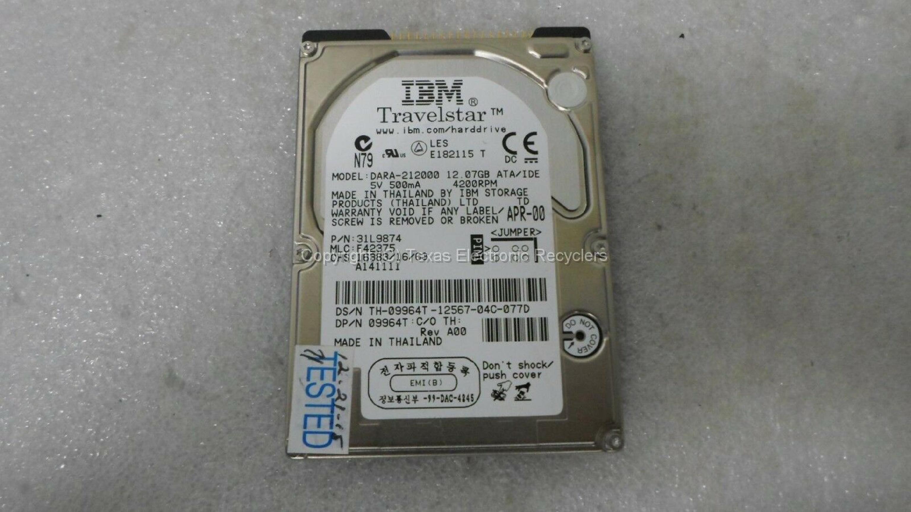 IBM 31L9874 12.07GB 2.5IN 4200 RPM TRAVELSTAR ATA/IDE AUG-00 MLC: F80170