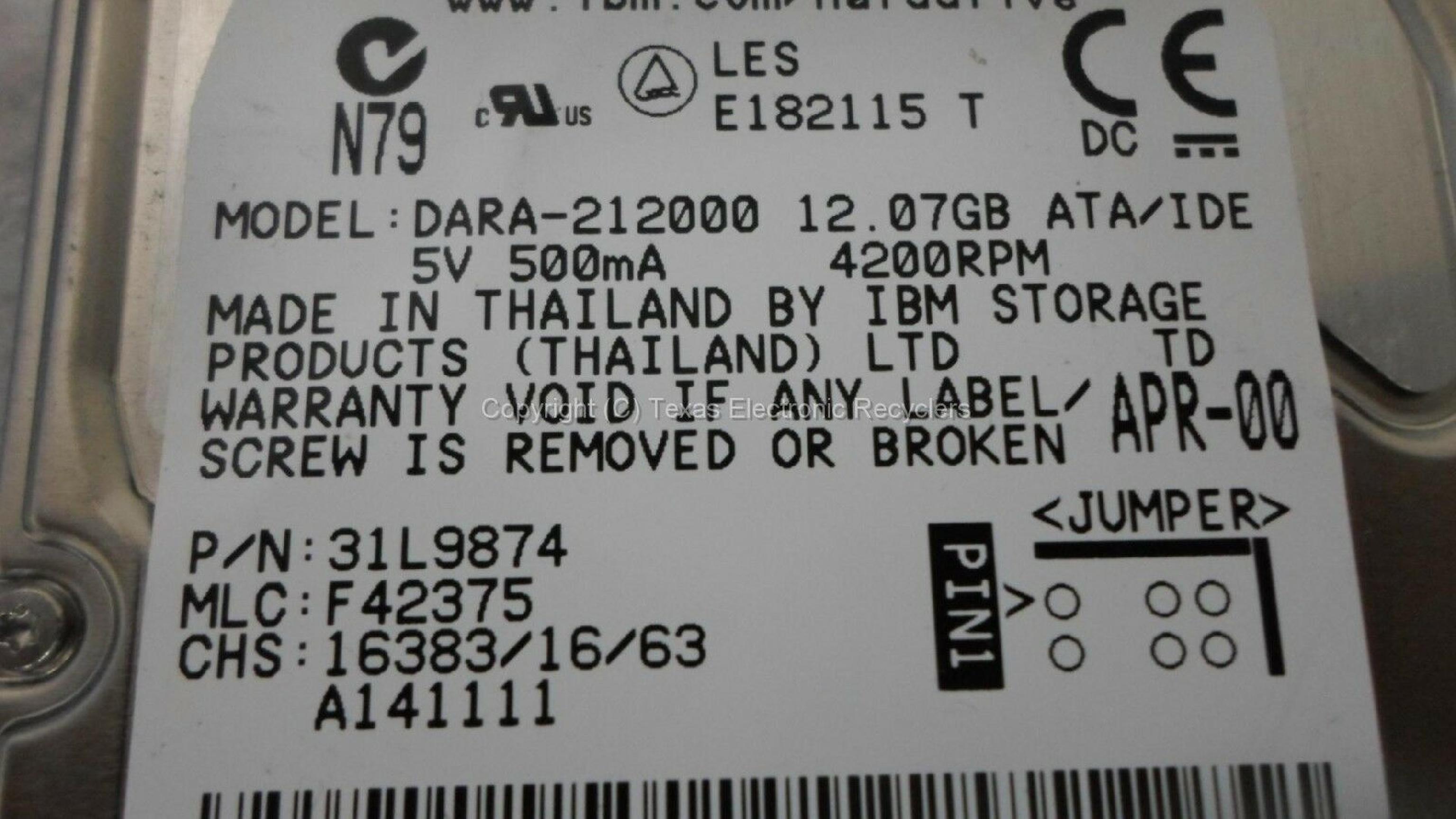 IBM 31L9874 12.07GB 2.5IN 4200 RPM TRAVELSTAR ATA/IDE AUG-00 MLC: F80170