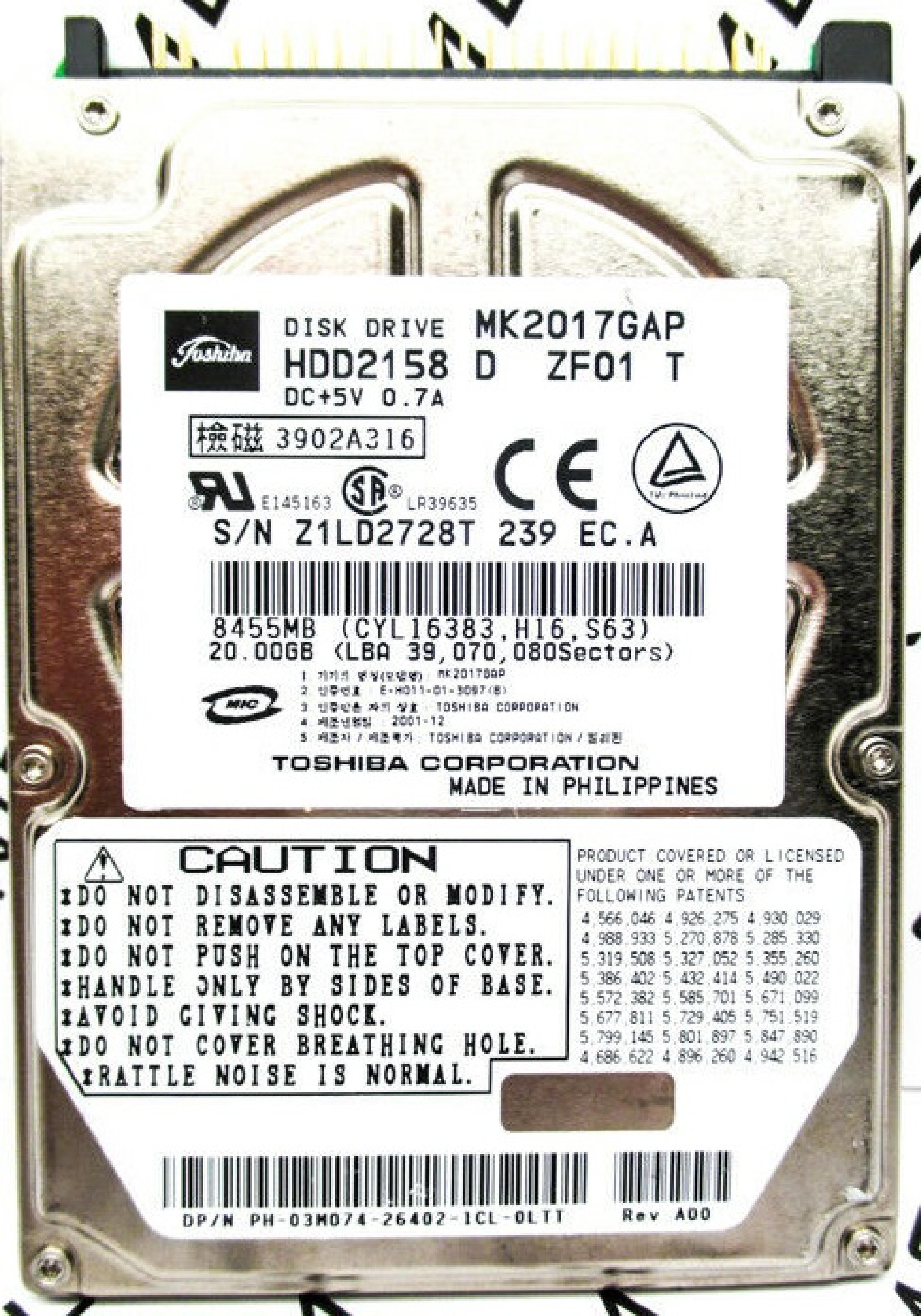 TOSHIBA MK2017GAP 20.00GB 2.5IN 4200 RPM ATA/IDE ZF01 HDD