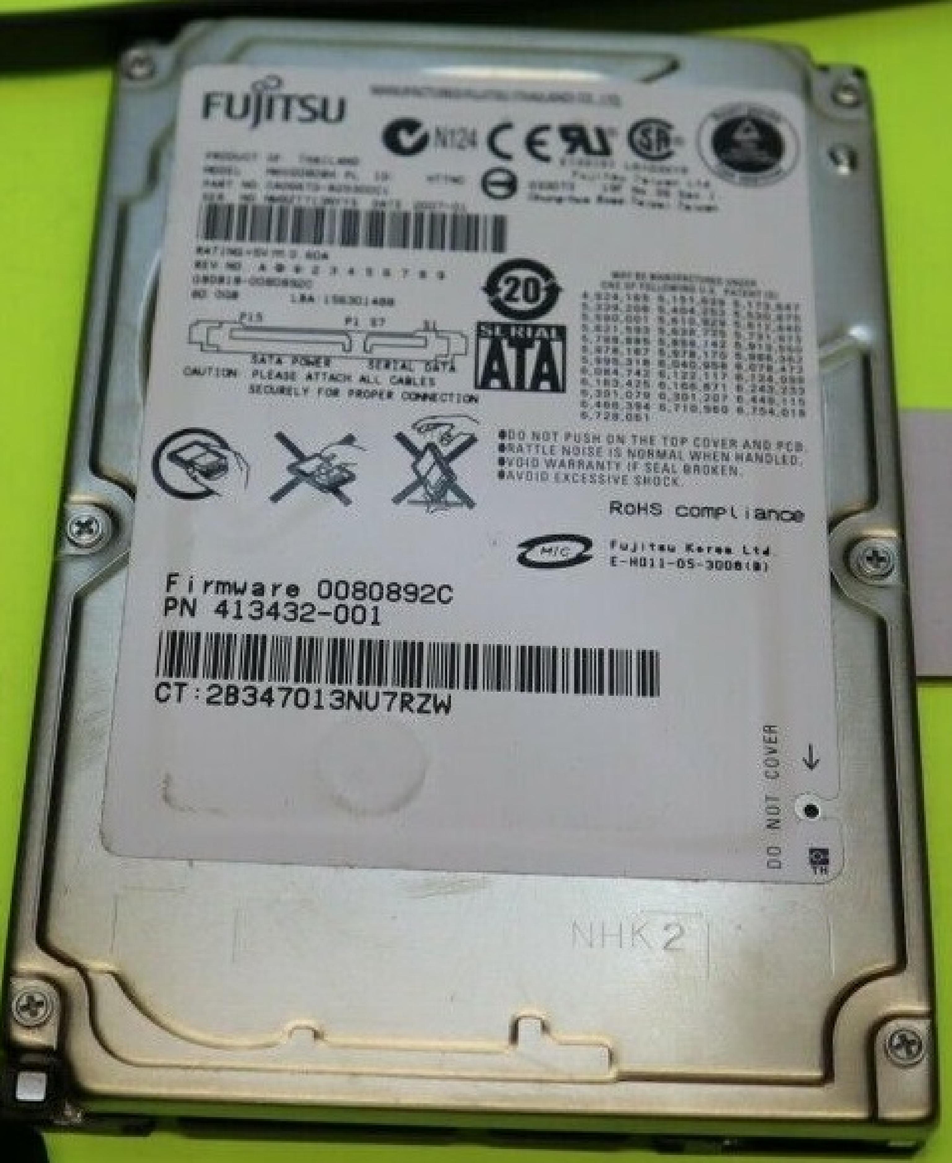 FUJITSU MHV2080BH 80.0GB 2.5IN 5400 RPM SATA REV. A01 ID: HTTNB DATE: 2006-10 HTTNA 2006-08