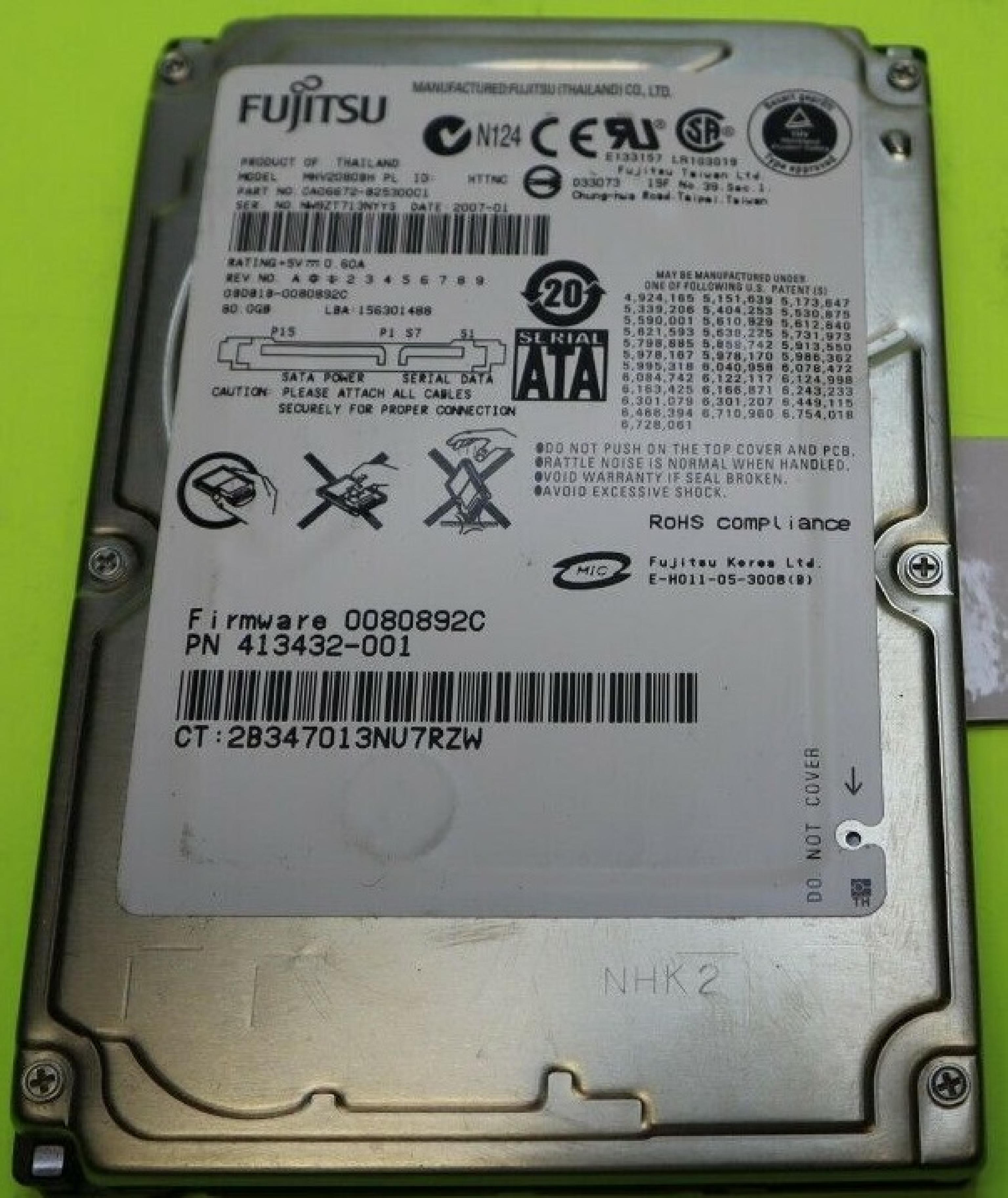 FUJITSU CA06672-B25300C1 80.0GB 2.5IN 5400 RPM SATA REV. A01 ID: HTTNB DATE: 2006-10 HTTNA 2006-08