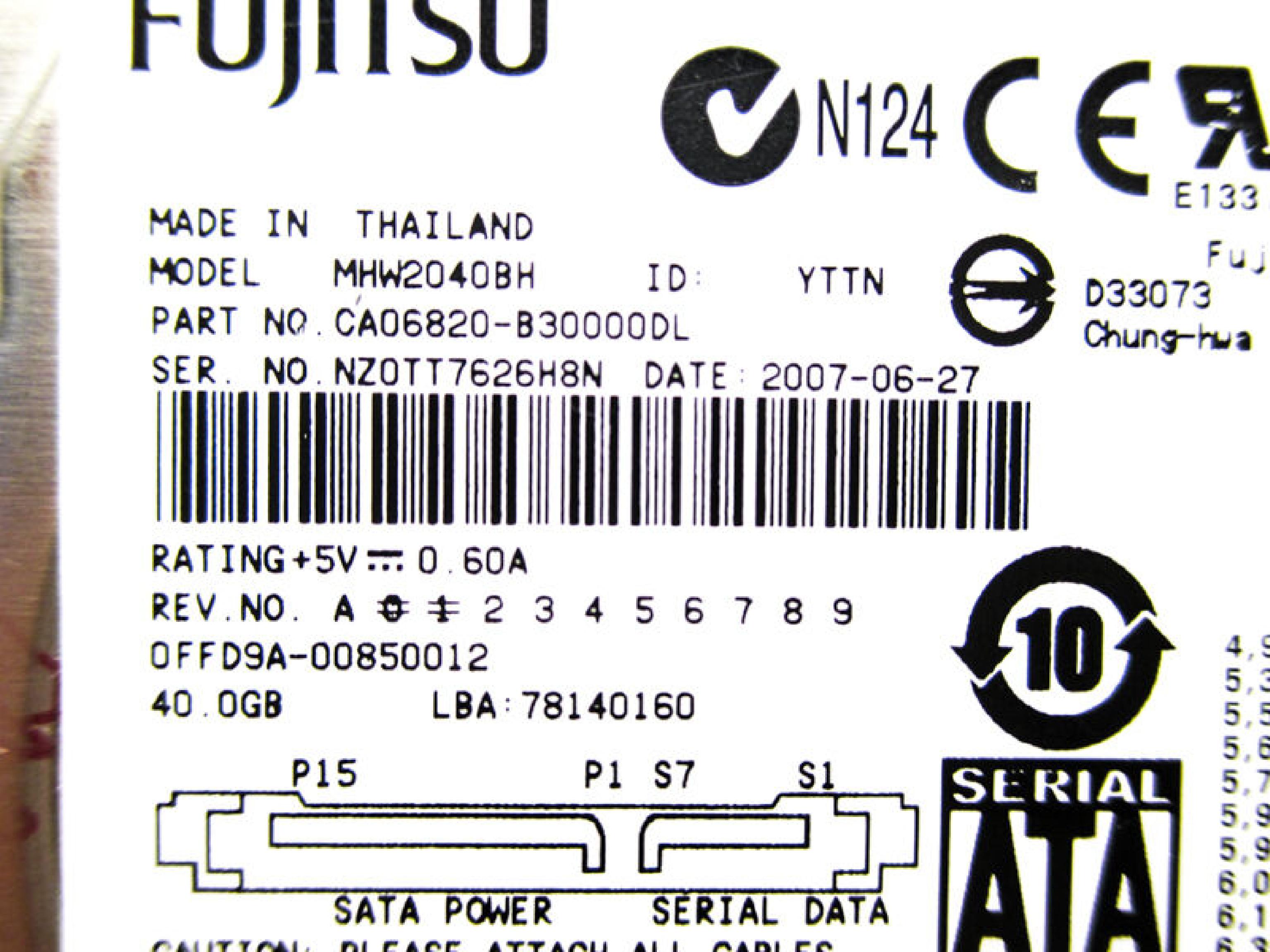 FUJITSU CA06820-B30000DL 40.0GB 2.5IN 5400RPM SATA DATE: 2007-02 REV. A00