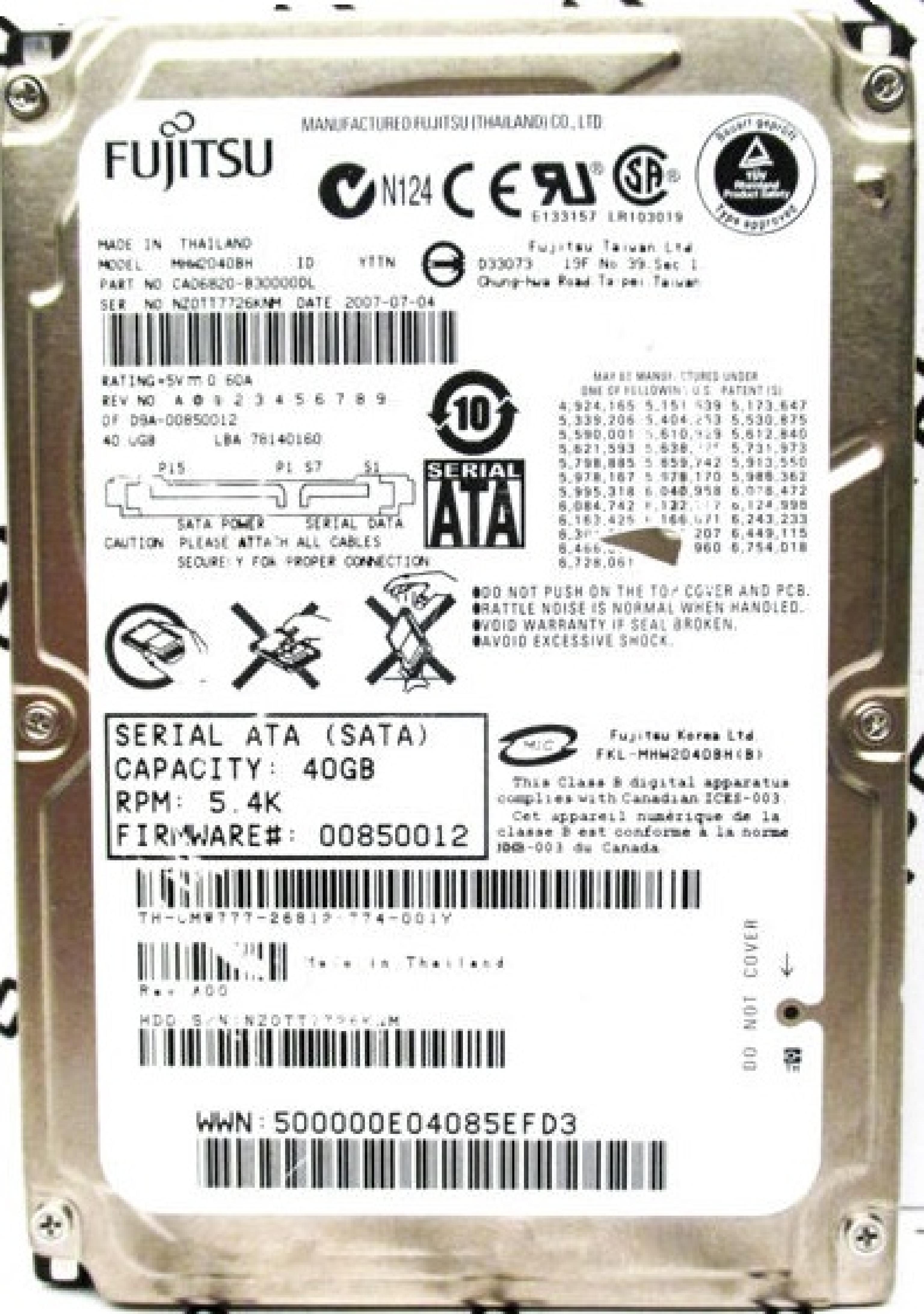 FUJITSU CA06820-B30000DL 40.0GB 2.5IN 5400RPM SATA DATE: 2007-02 REV. A00