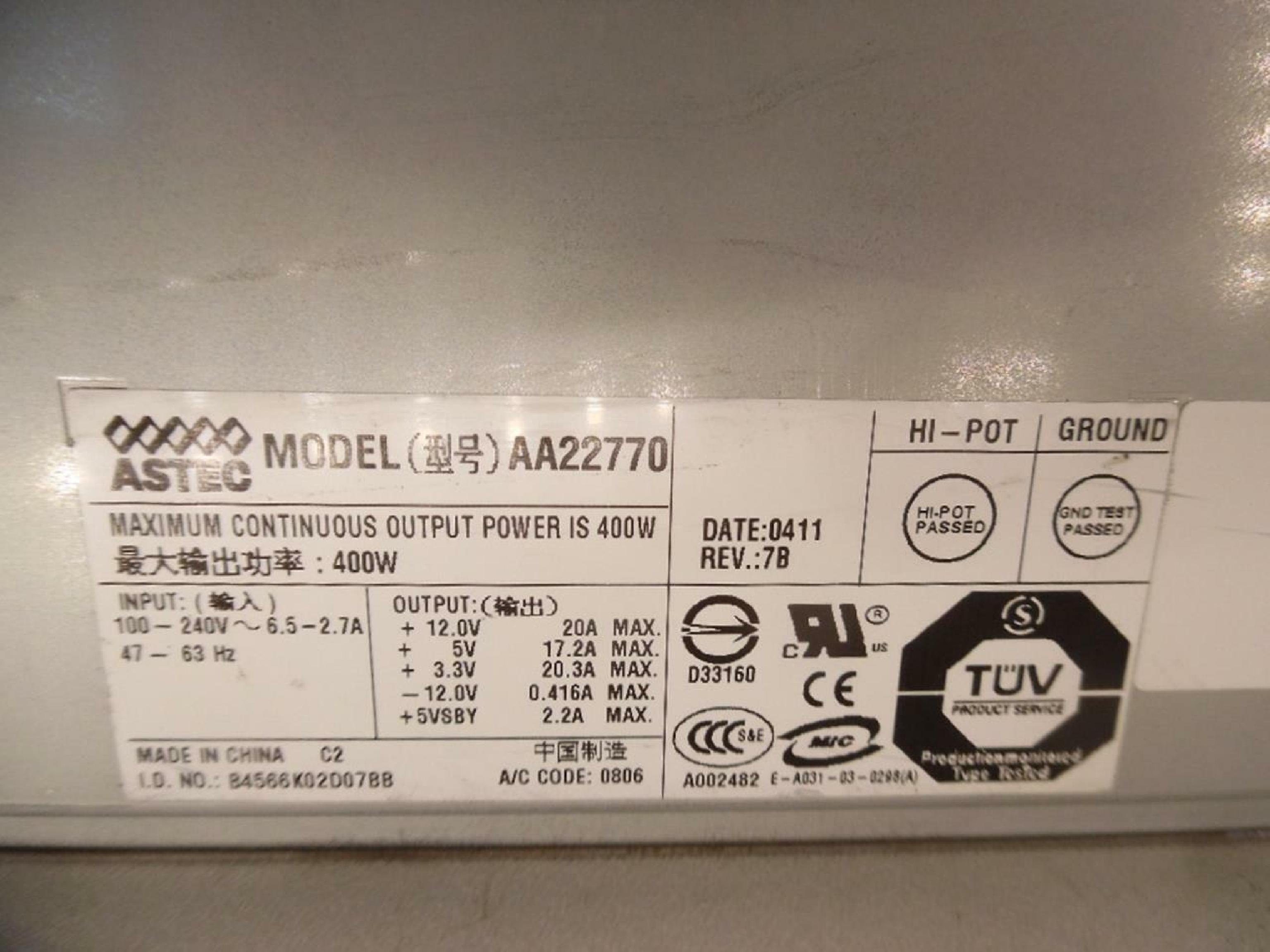 SUN MICROSYSTEMS AA22770 ASTEC 400W POWER SUPPLY AA22770 SUN PART NO. 300-1568-01