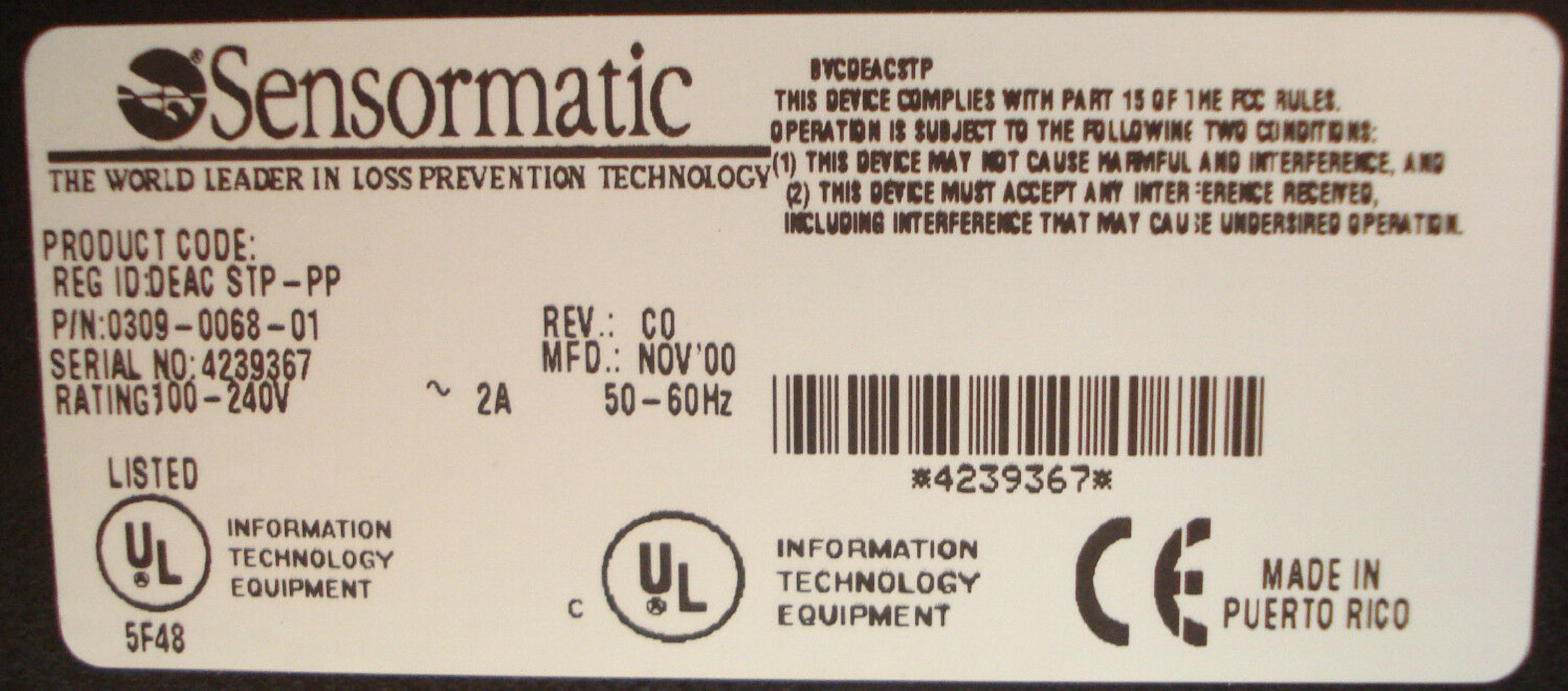 SENSORMATIC 0309-0068-01 0309-0068-01 POWER SUPPLY