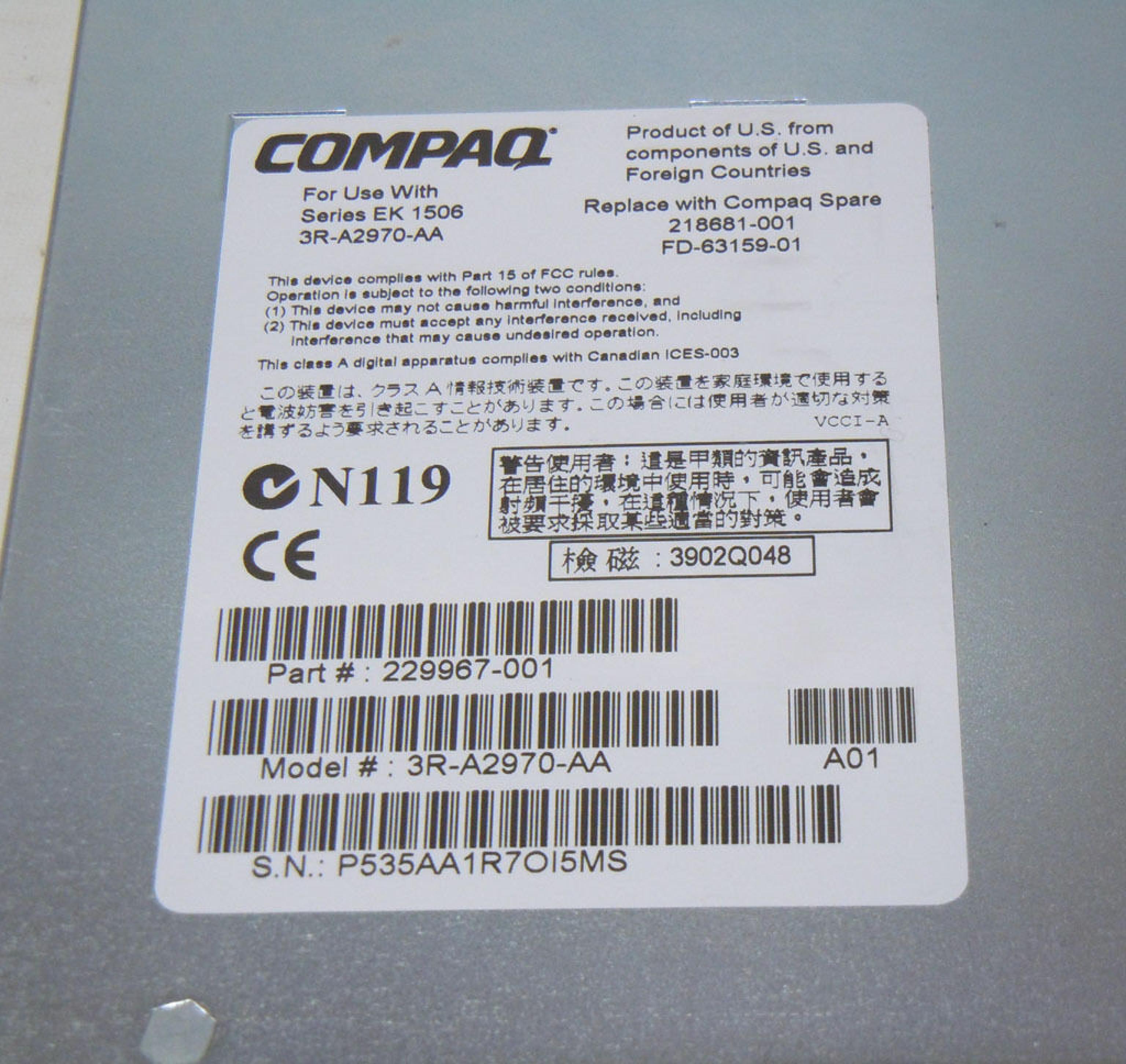 COMPAQ / HEWLETT PACKARD / HP FD-63159-01 MSA FABRIC SWITCH 6 218681-001 218681-001 HP-COMPAQ 6 PORT SAN