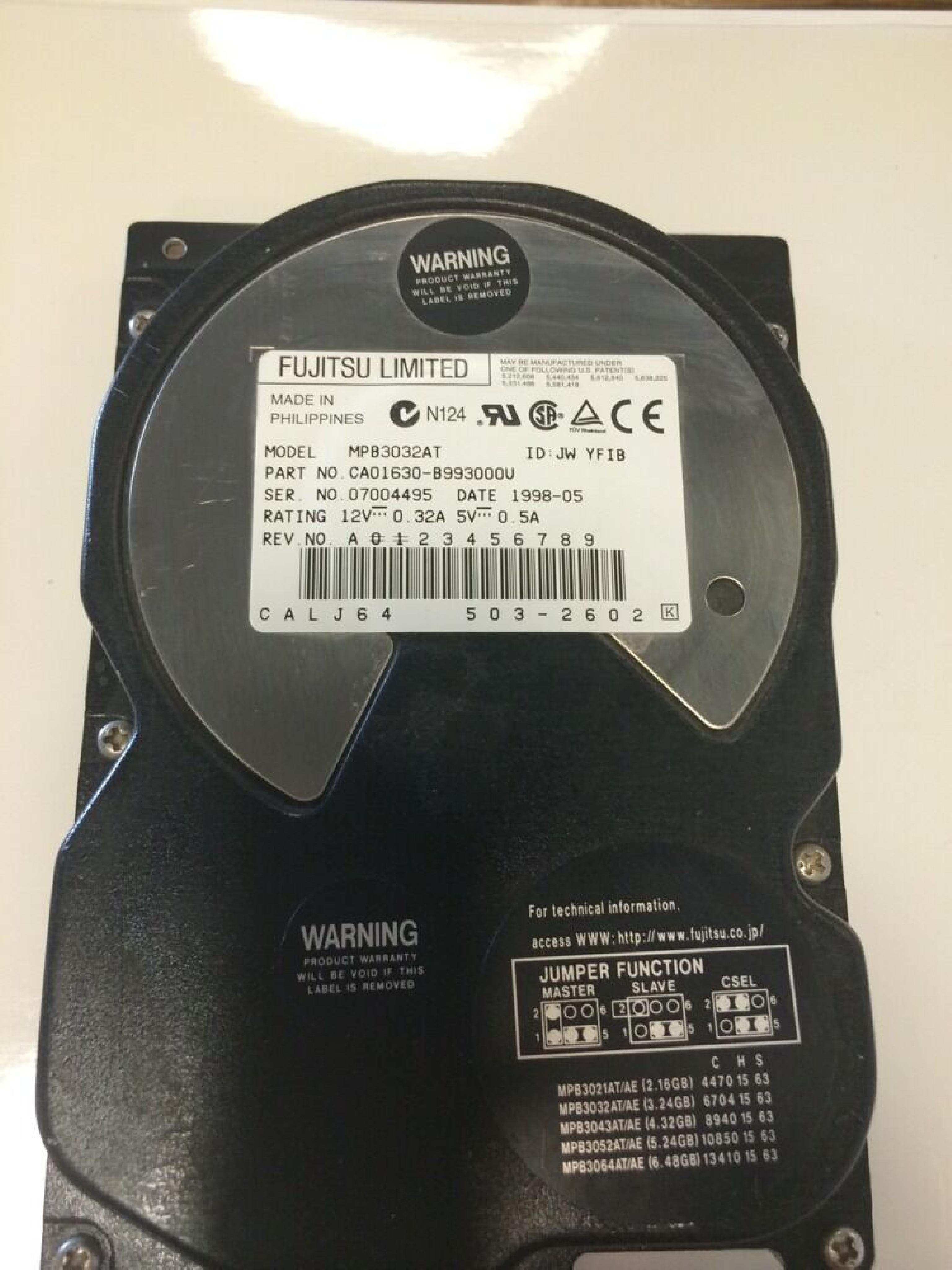 FUJITSU MPB3032AT 3.2 GB,INTERNAL,5400 RPM,3.5INCH HARD DRIVE