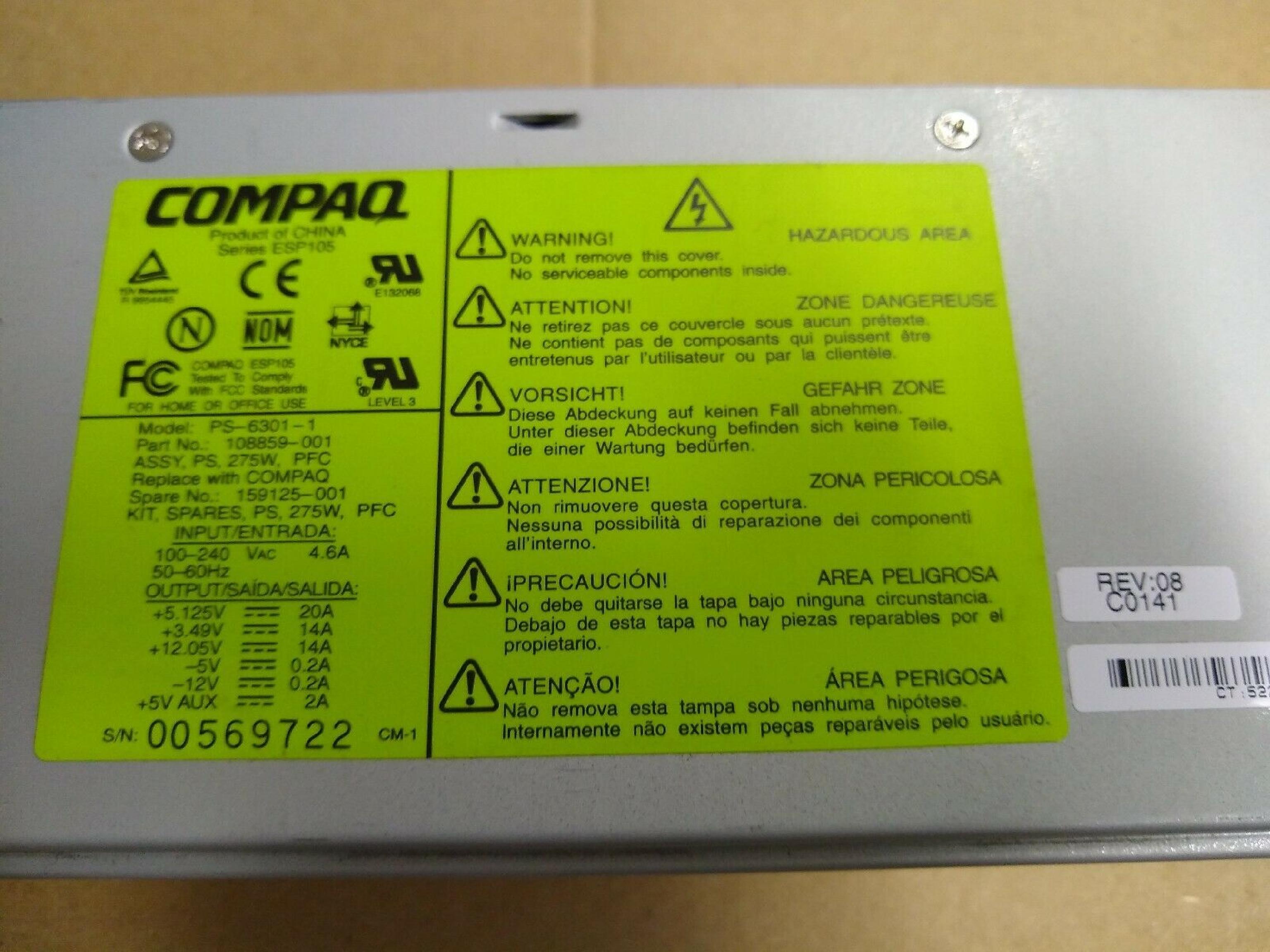 COMPAQ / HEWLETT PACKARD / HP 159125-001 275W ATX POWER SUPPLY SERIES EPS105