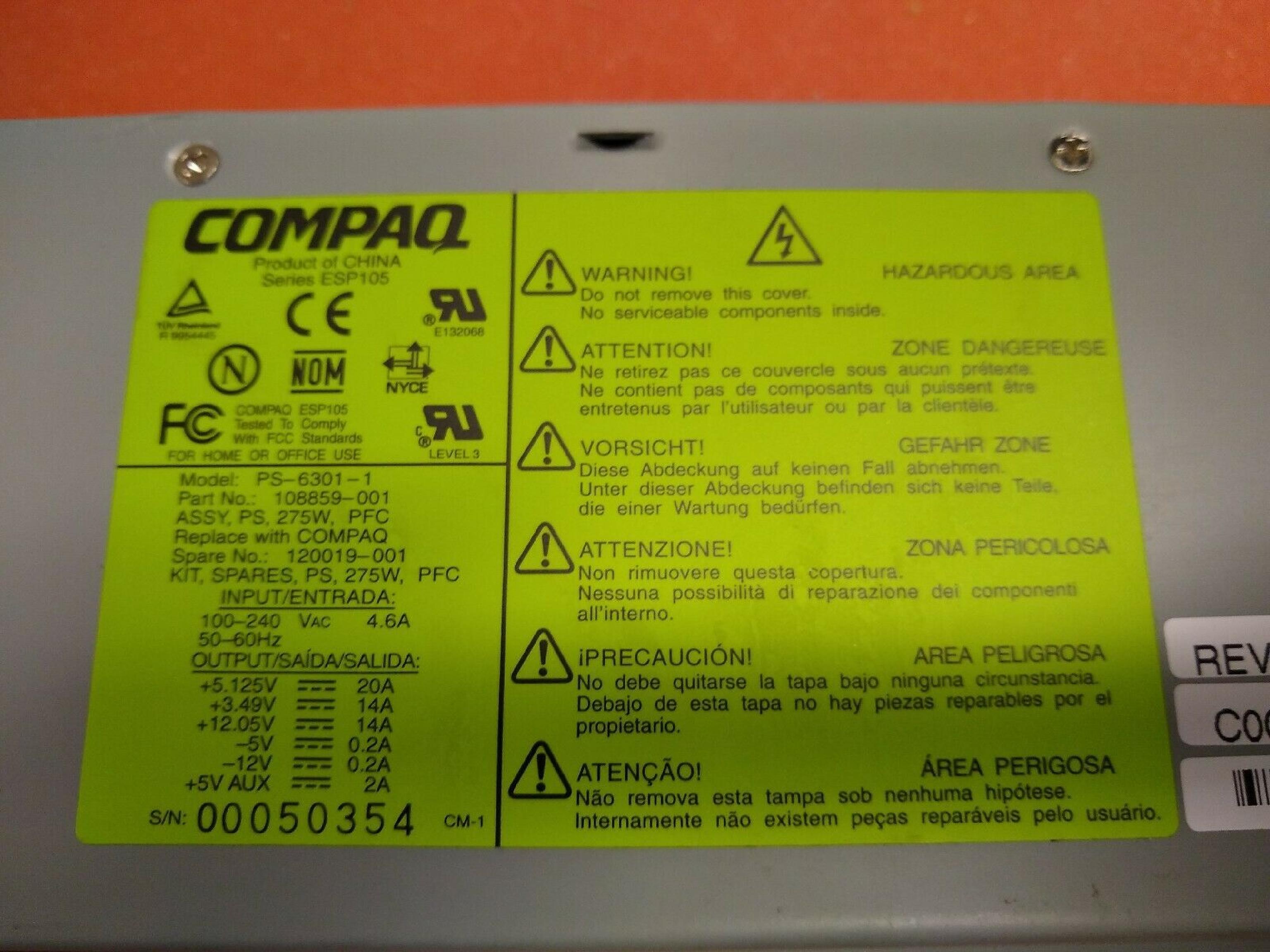 COMPAQ / HEWLETT PACKARD / HP 159125-001 275W ATX POWER SUPPLY SERIES EPS105