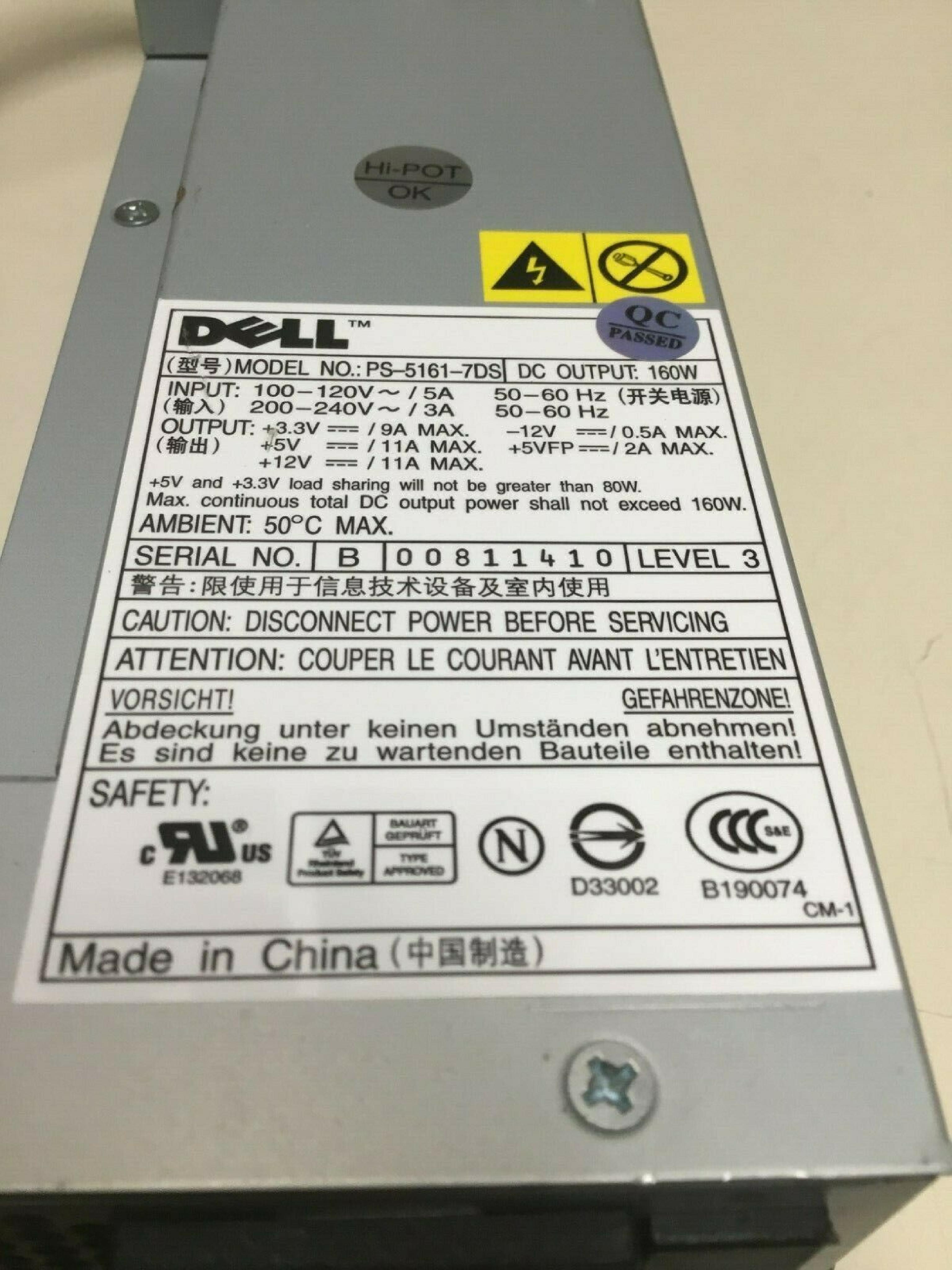 DELL PS-5161-7DS2 160 WATT POWER SUPPLY PS-5161-7DS2 DIMENSION 4700C OPTIPLEX GX280 SFF