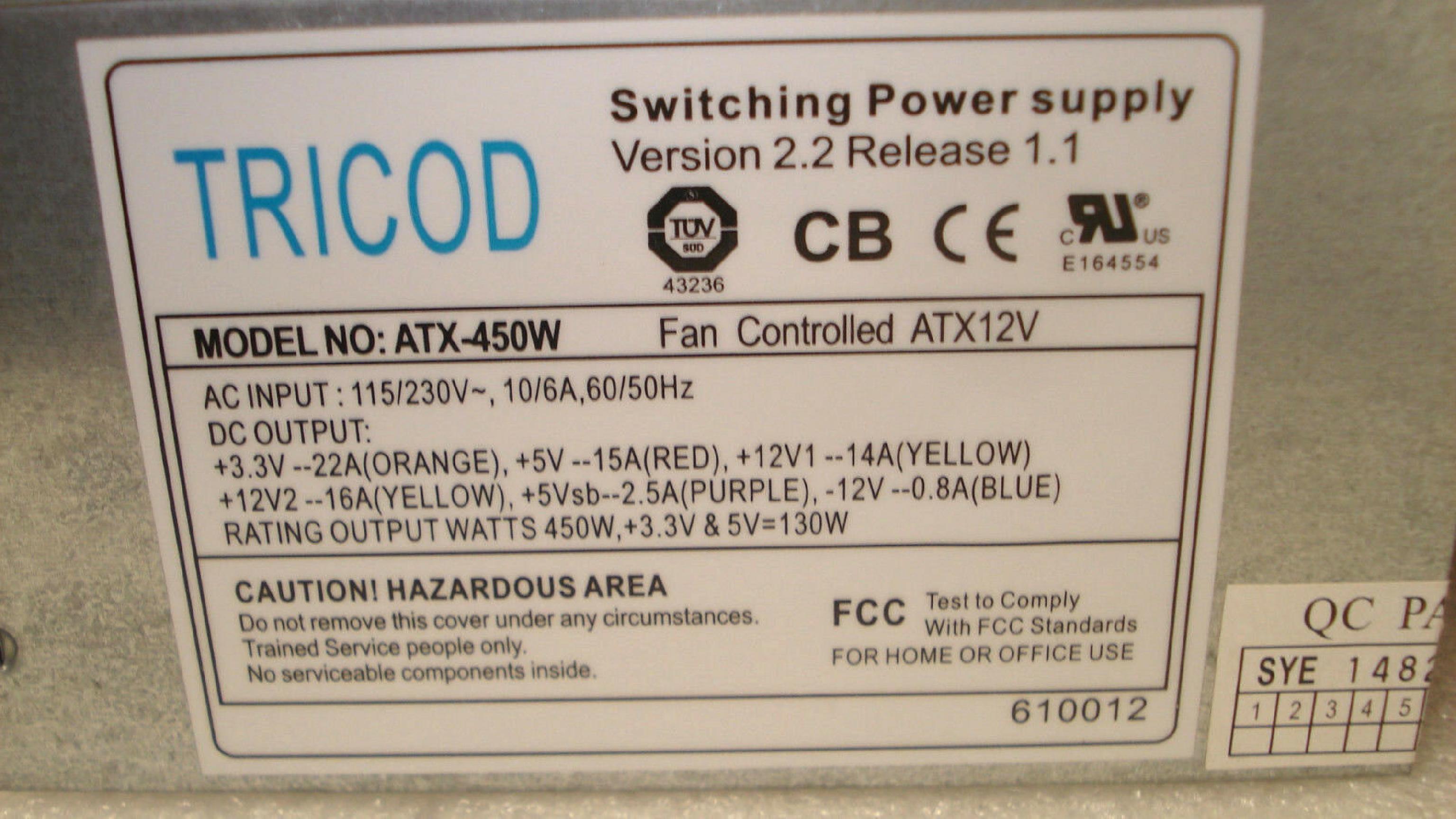 TRICOD ATX-450W 450W 24 PIN ATX POWER SUPPLY