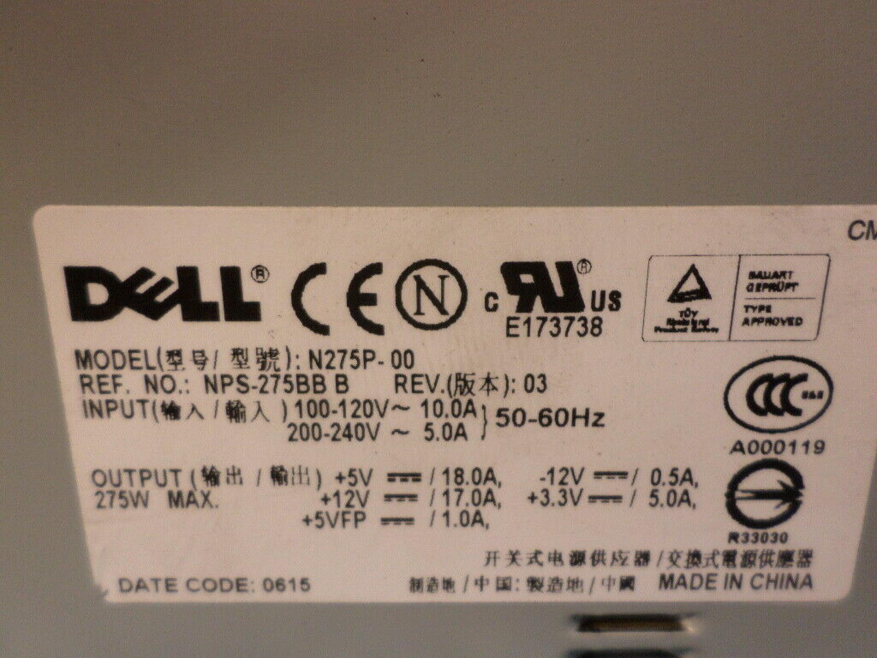 DELL N275P-00 275 WATT POWER SUPPLY SFF PSU