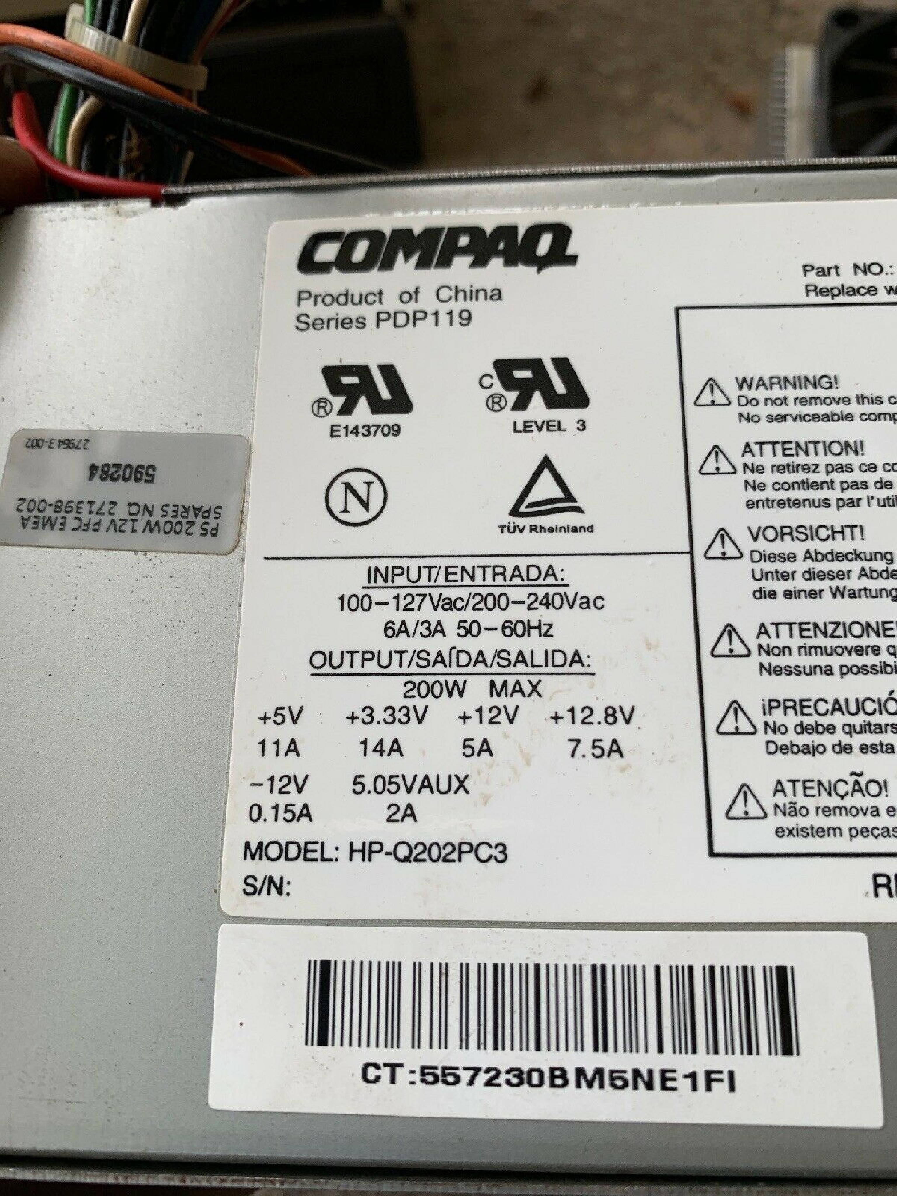 COMPAQ / HEWLETT PACKARD / HP 263919-001 200W 20 PIN ATX POWER SUPPLY