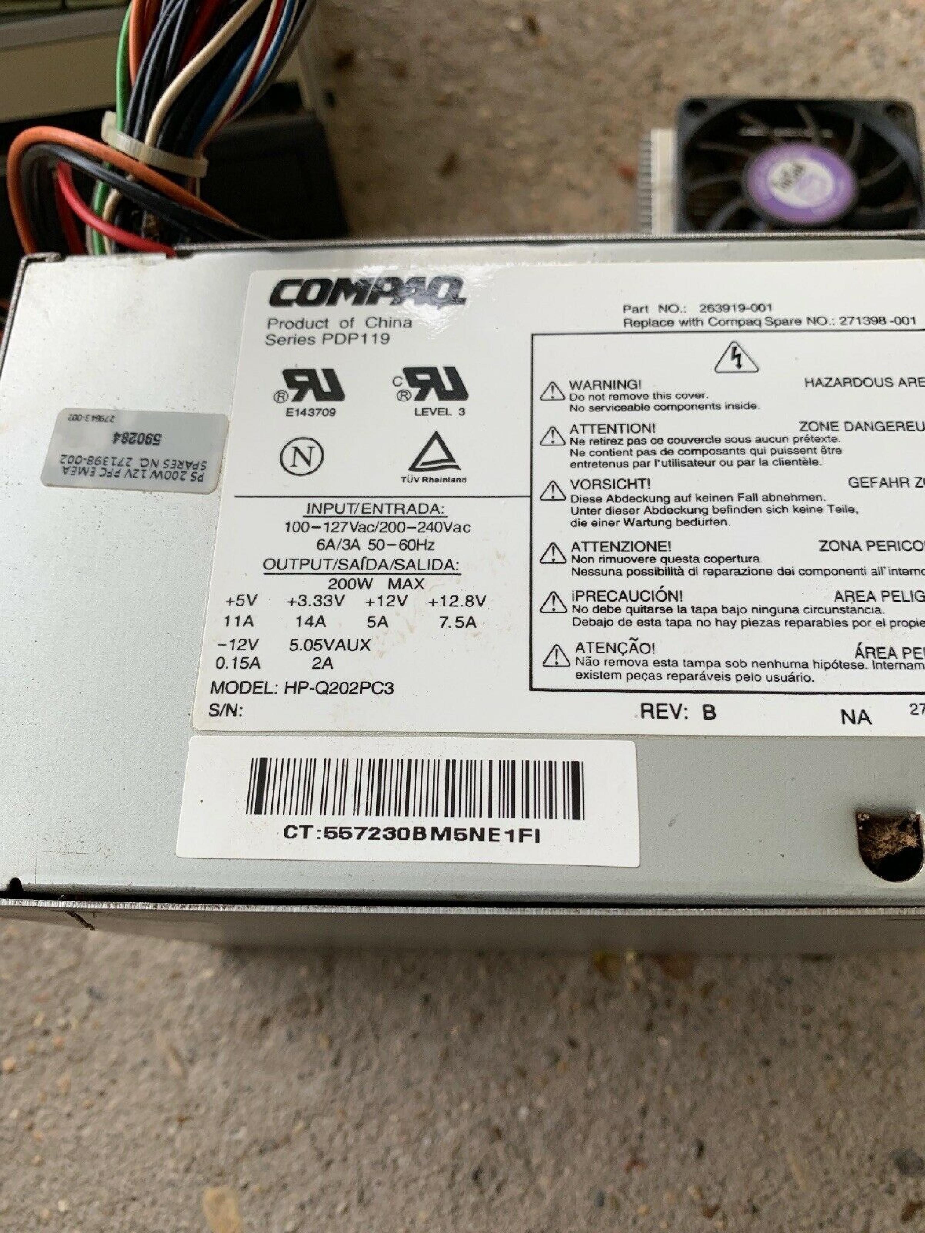 COMPAQ / HEWLETT PACKARD / HP 263919-001 200W 20 PIN ATX POWER SUPPLY