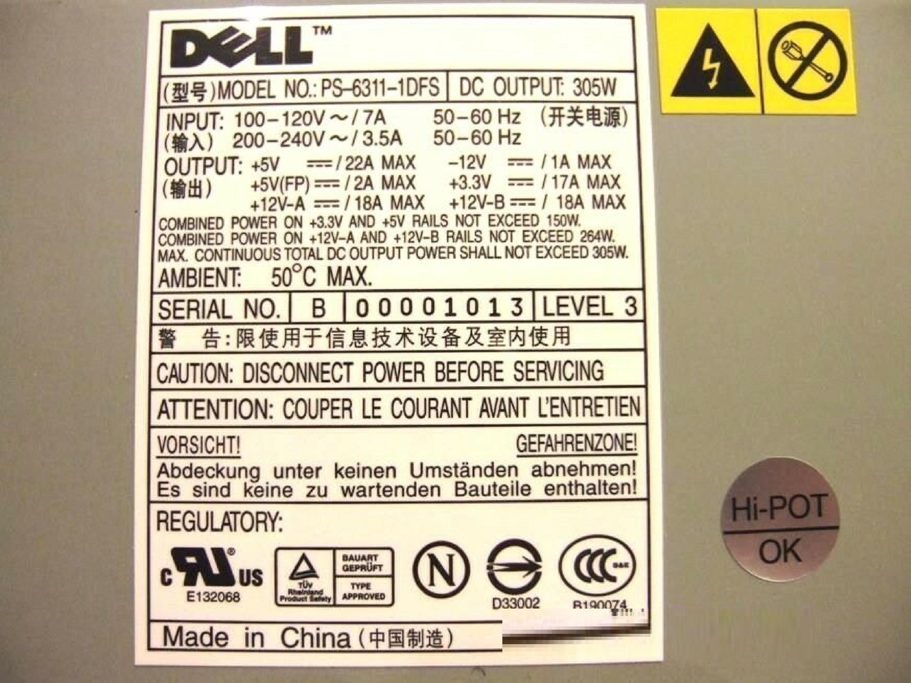 DELL PS-6311-1DFS 305W 24 PIN ATX POWER SUPPLY