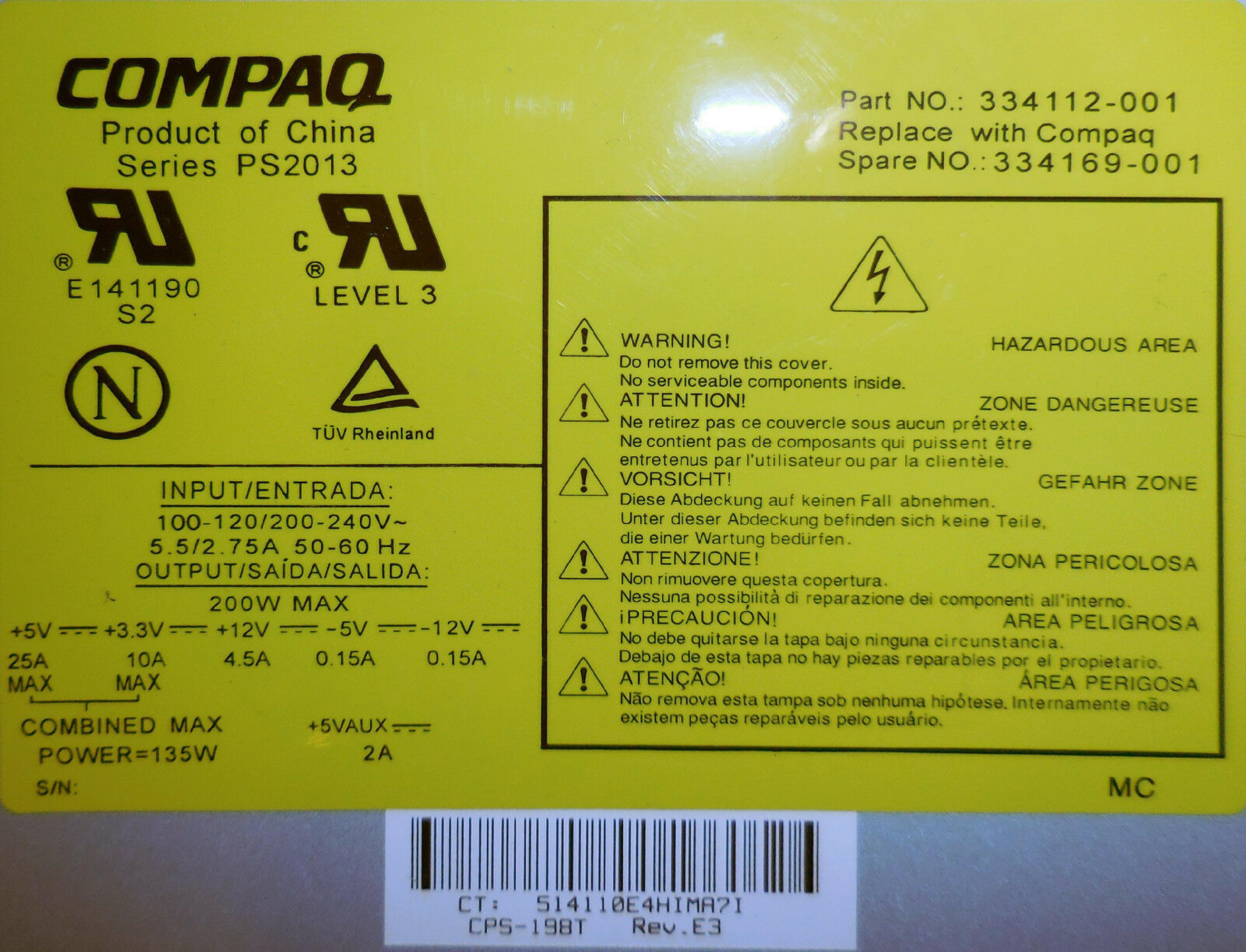 COMPAQ / HEWLETT PACKARD / HP PS2013 200W 20 PIN ATX POWER SUPPLY