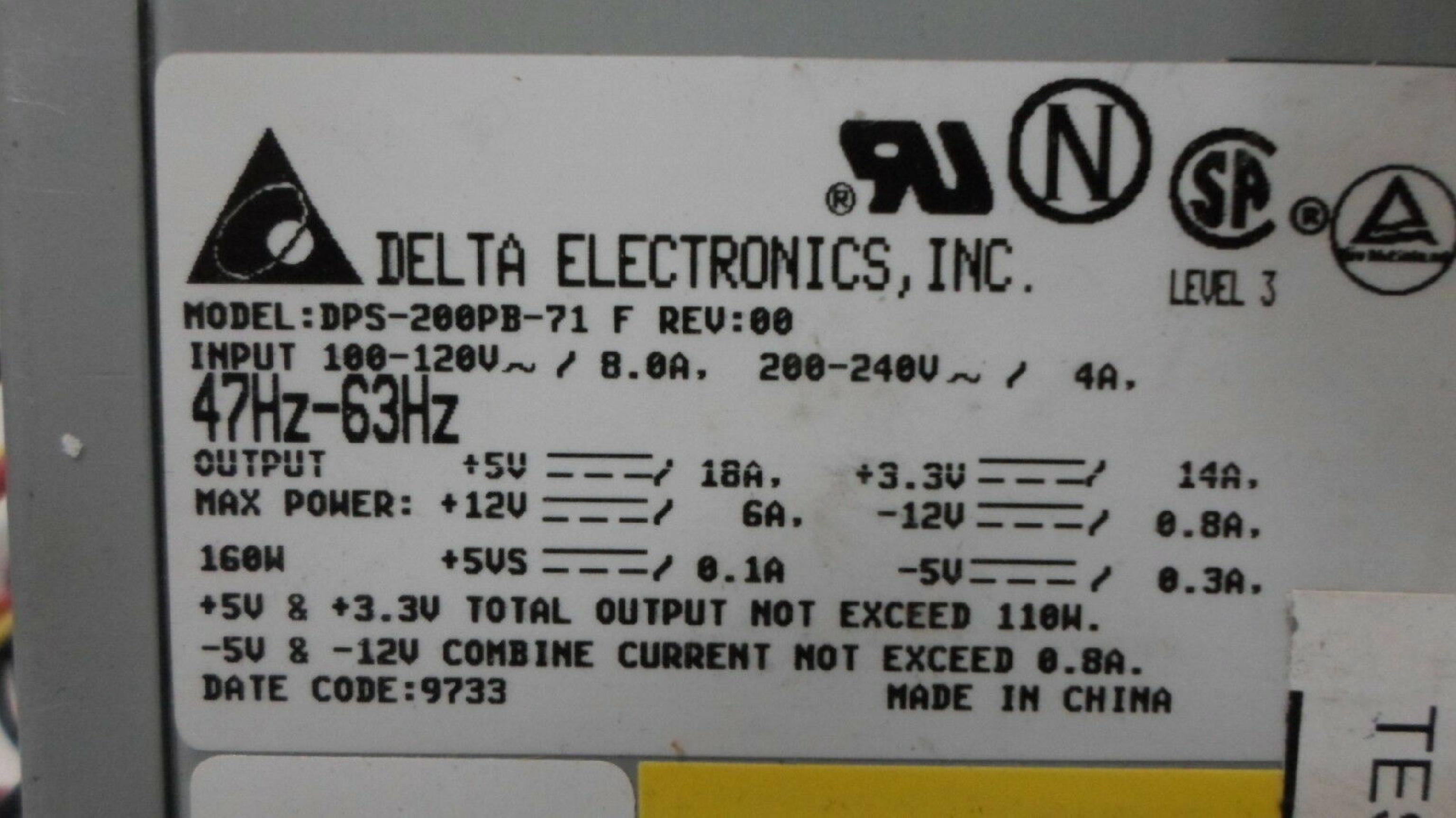 DELTA ELECTRONICS INC 1-759-525-11 DELTA ATX POWER SUPPLY DPS-200PB-71 160 WATTS COMPAQ