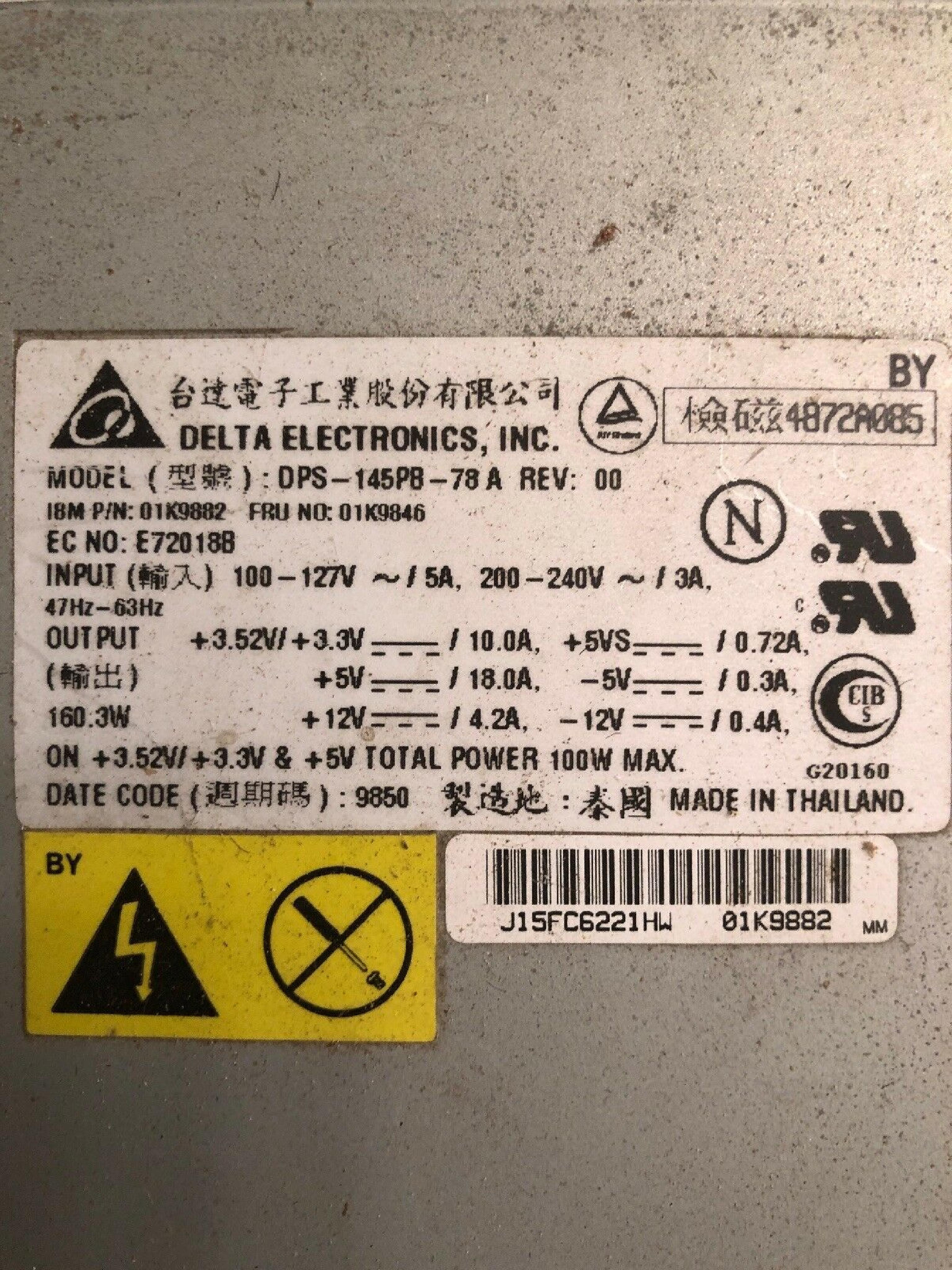 DELTA ELECTRONICS INC DPS-145PB-78 A 145 WATT POWER SUPPLY ATX