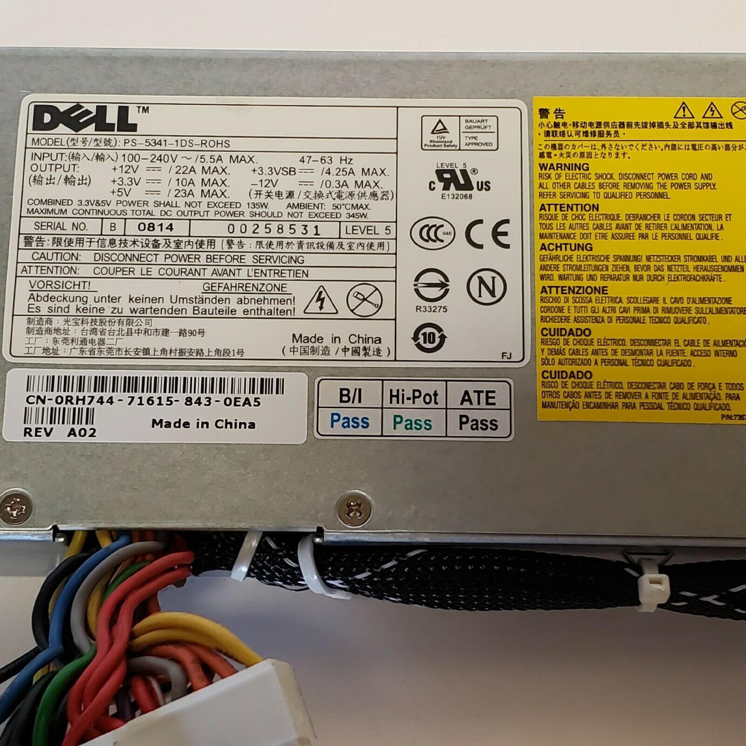 DELL 0RH744 POWER SUPPLY PULLED FROM PE860