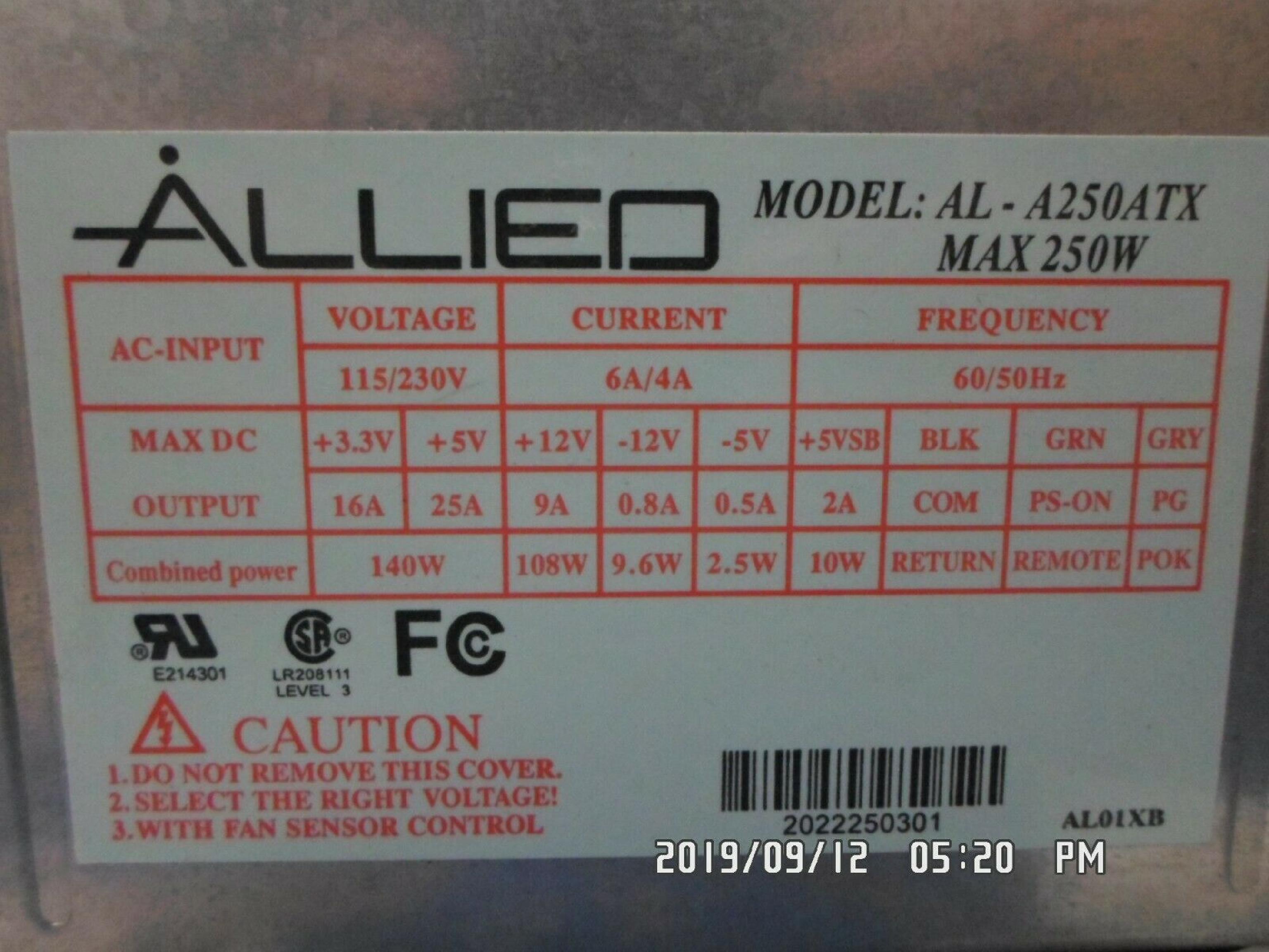 ALLIED AL-A250ATX 250W 20 PIN ATX POWER SUPPLY