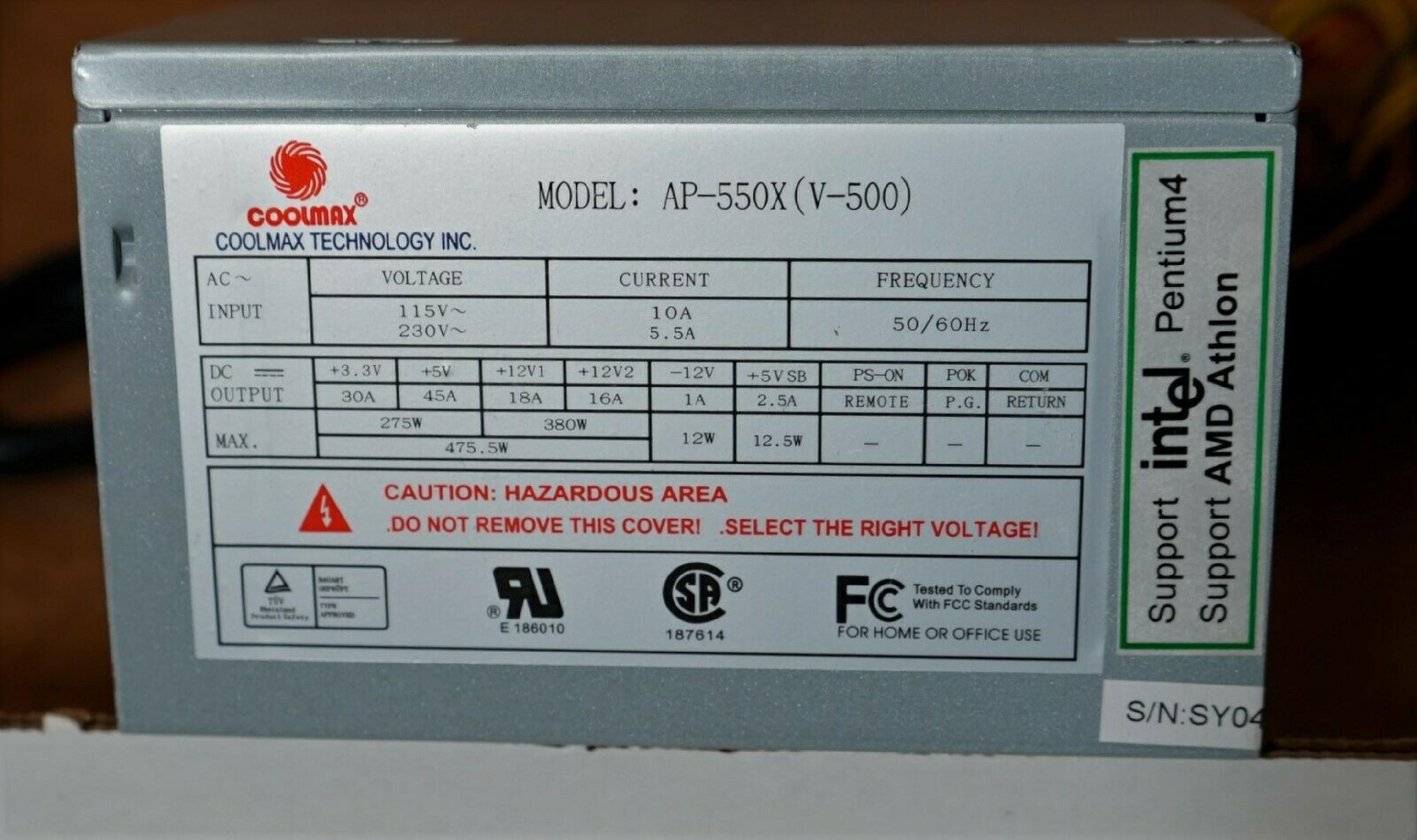 COOLMAX AP-550X 24PIN ATX POWER SUPPLY 4 MOLEX 1 BERG 1 SATA 1 P4