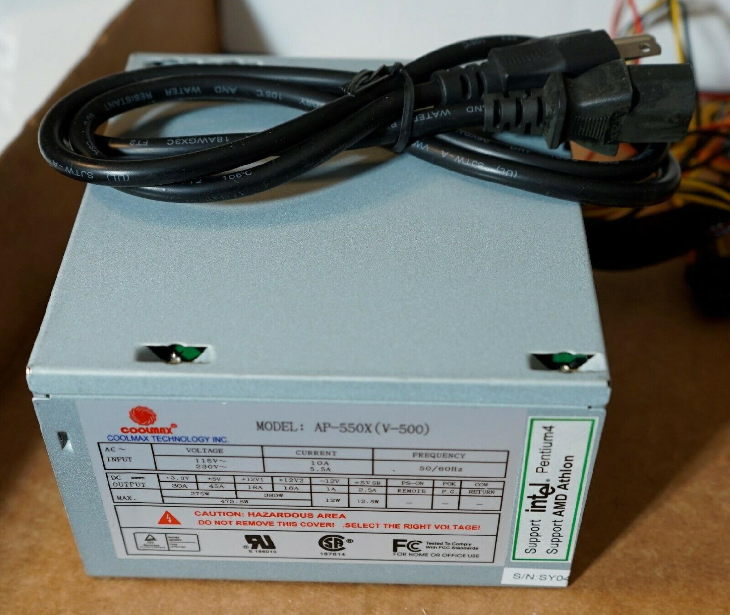 COOLMAX AP-550X 24PIN ATX POWER SUPPLY 4 MOLEX 1 BERG 1 SATA 1 P4