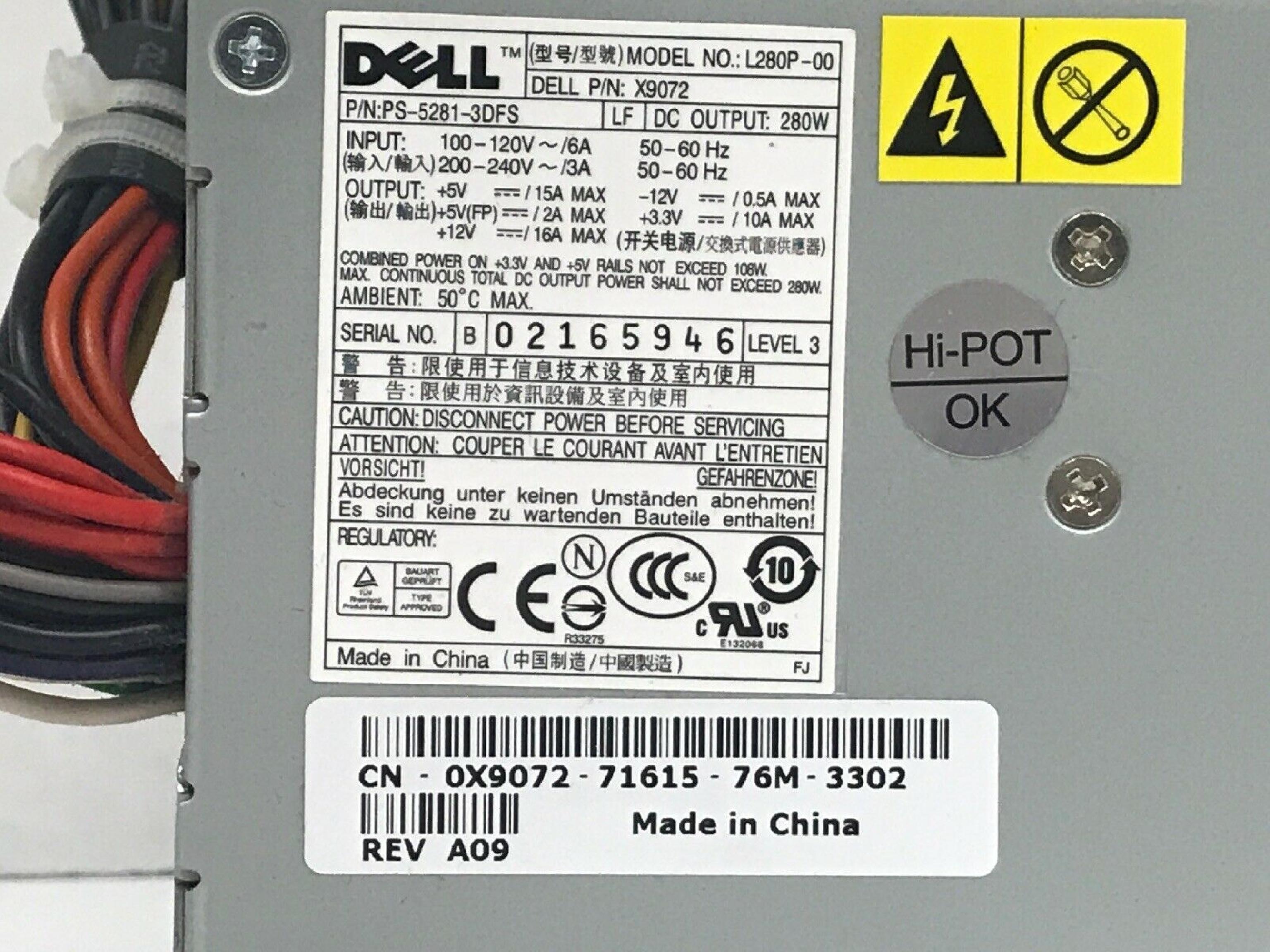 DELL L280P-00 280W 24 PIN ATX POWER SUPPLY