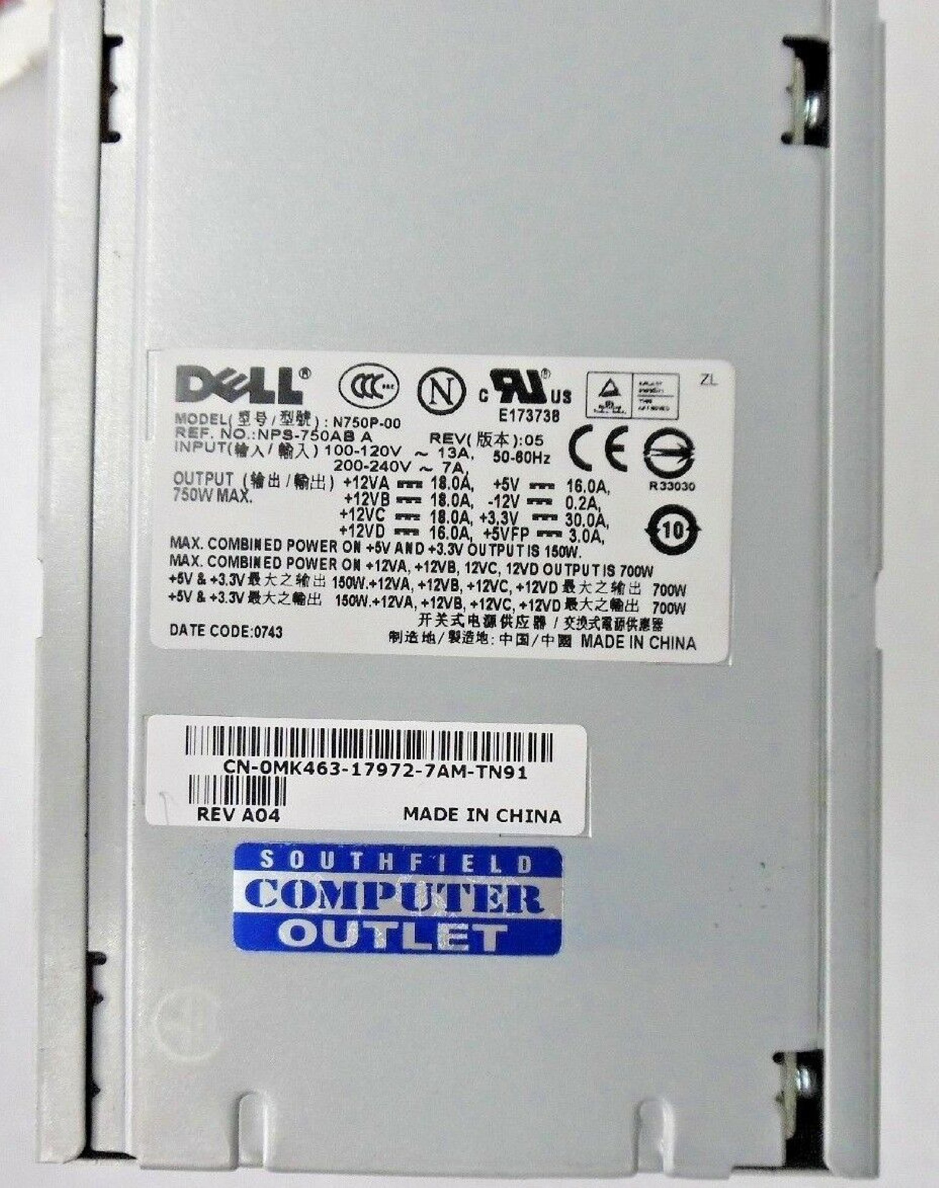 DELL N750P-00 750 WATT POWER SUPPLY