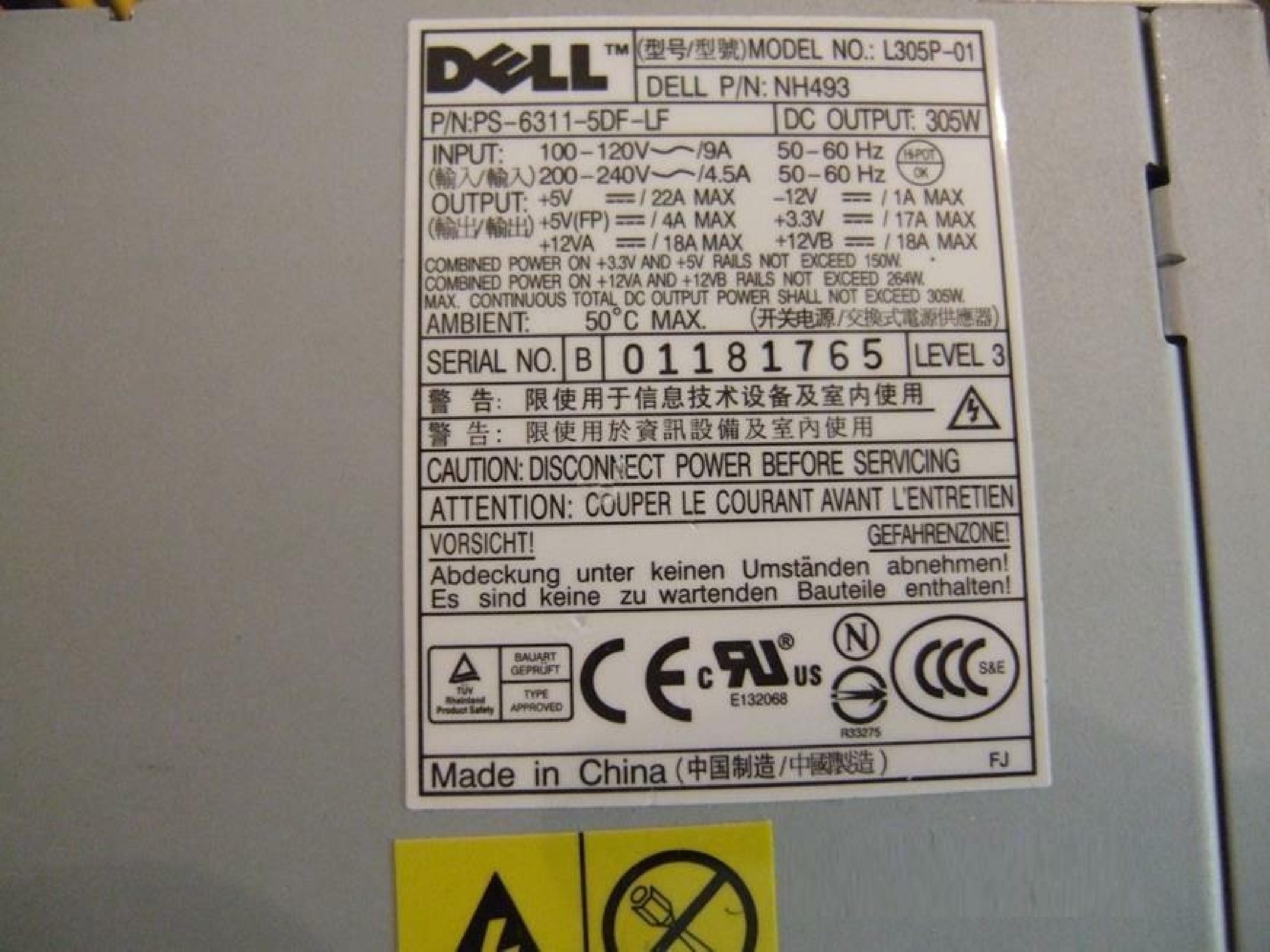 DELL L305P-01 305 WATT 24 PIN ATX POWER SUPPLY