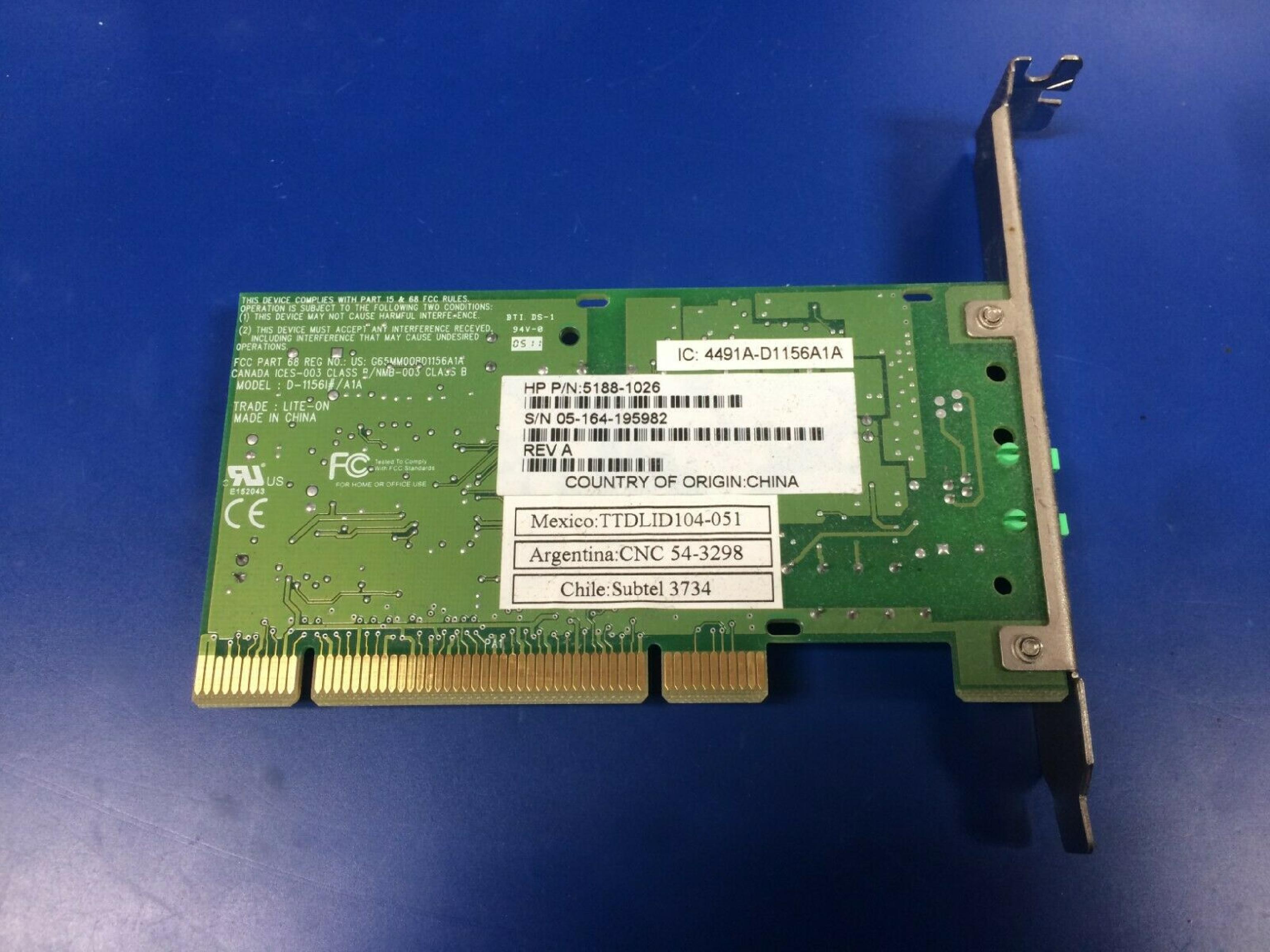 COMPAQ / HEWLETT PACKARD / HP / LITEON D-1156 MD SEQUOIA 56K MODEM GENUINE PCI INTERNAL CARDD1156#/A1A