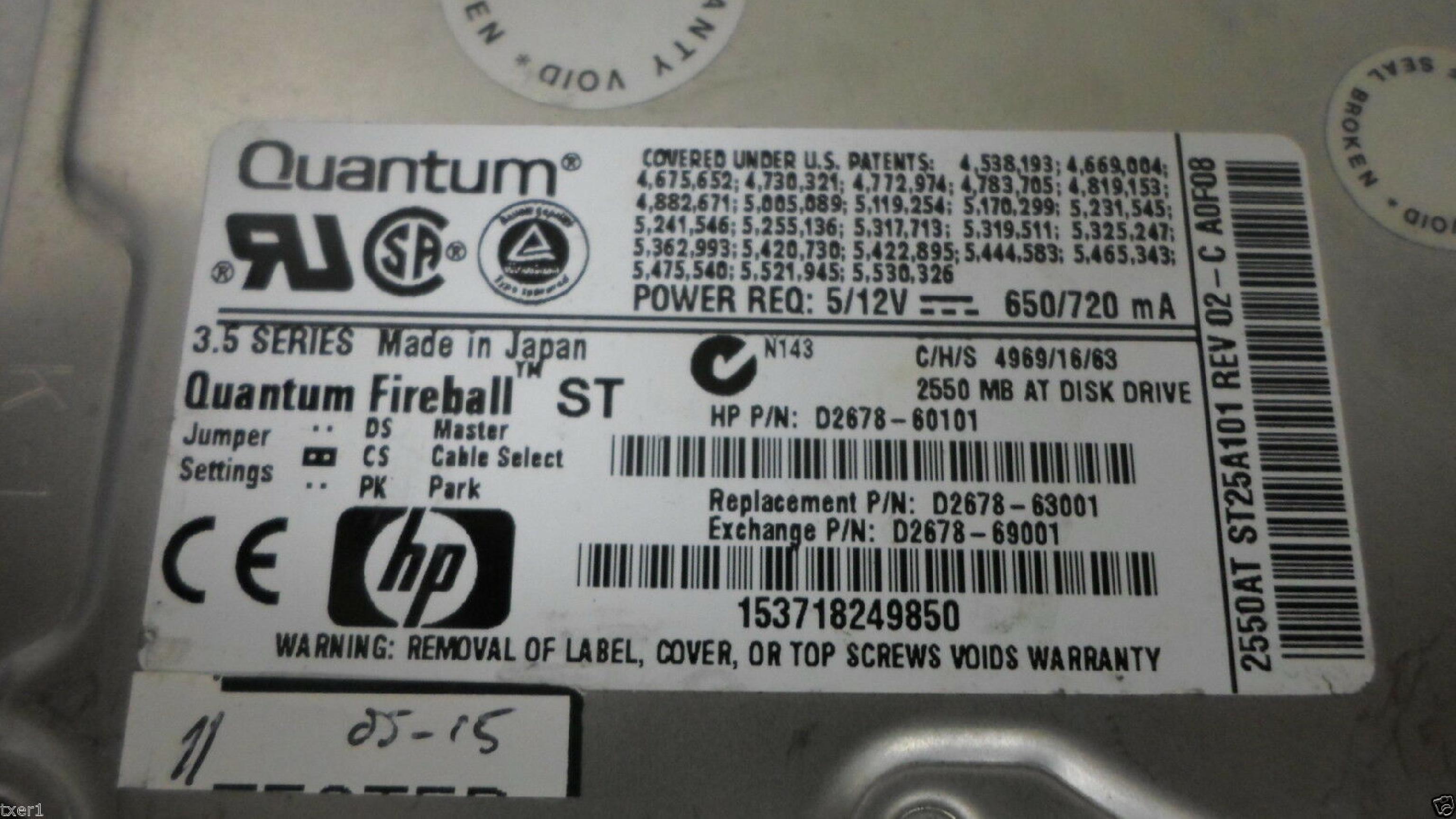 QUANTUM D2678-60101 D2678-60101 2.5GB IDE 3.5INCH 5400 RPM HARD DRIVE