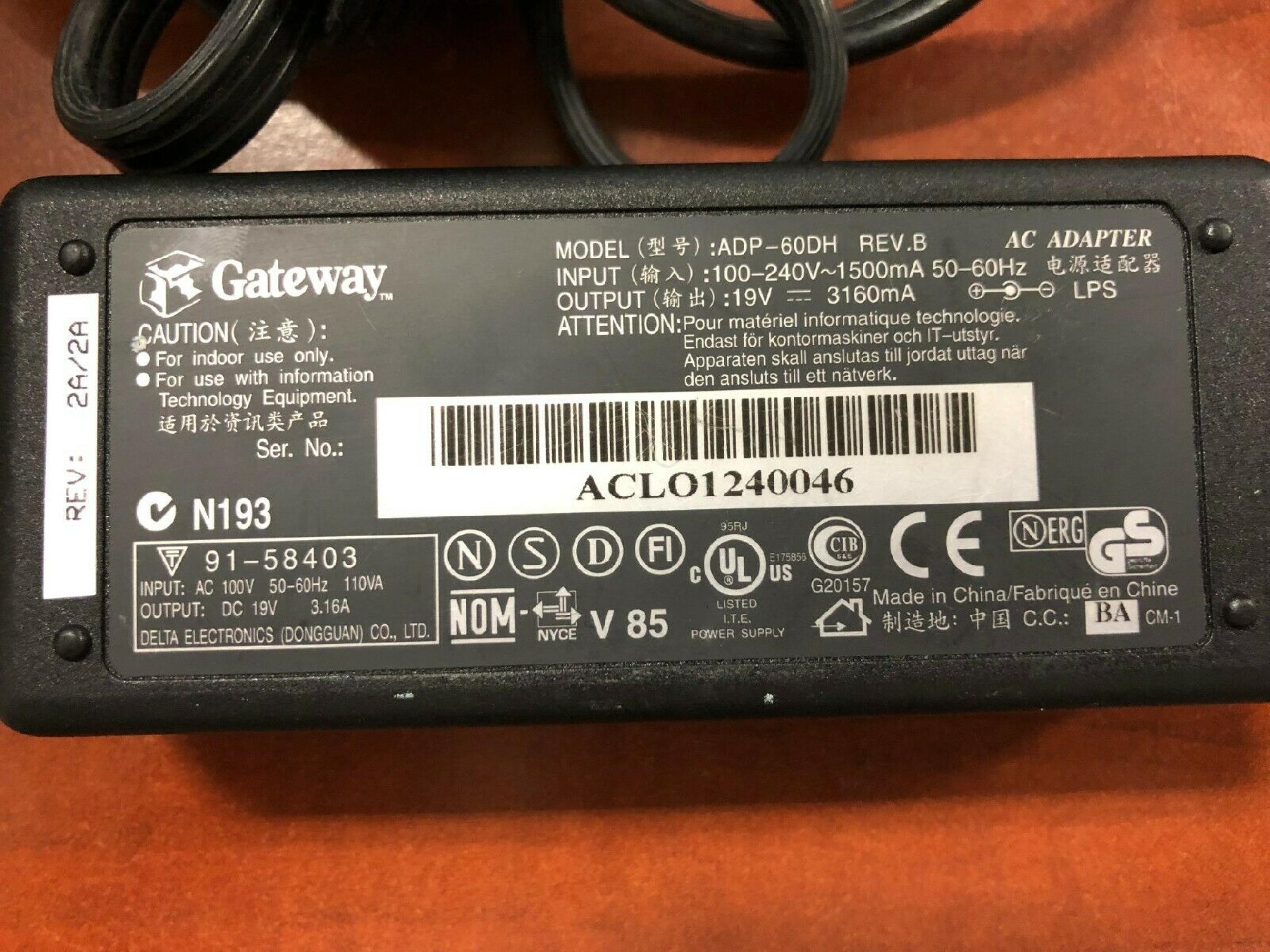 GATEWAY 2000 ADP-60DH LAPTOP/NOTEBOOK POWER CHARGER+CORD FOR GATEWAY