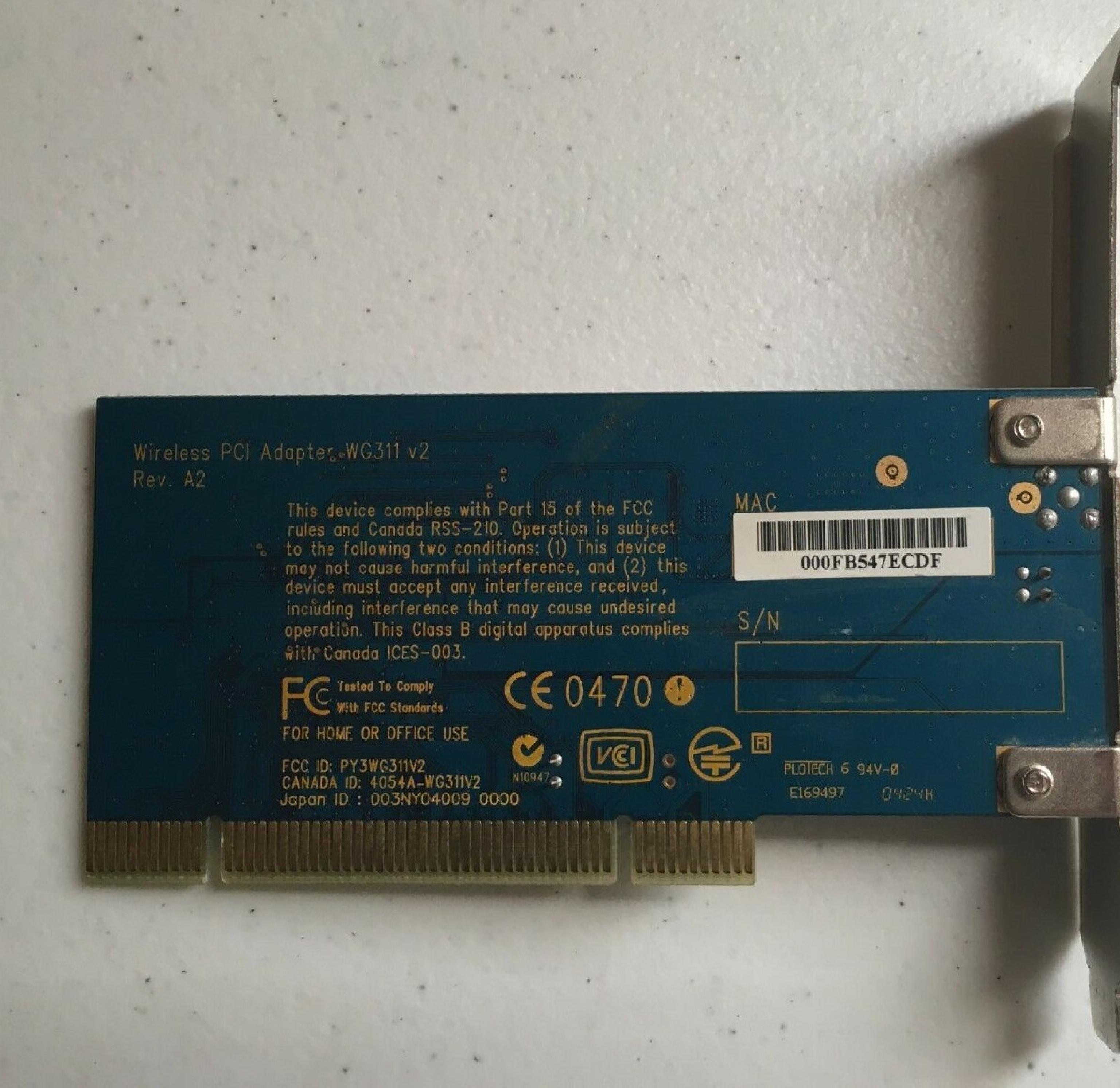 NETGEAR WG311 V2 108 MBPS WIRELESS PCI ADAPTER 32-BIT PCI