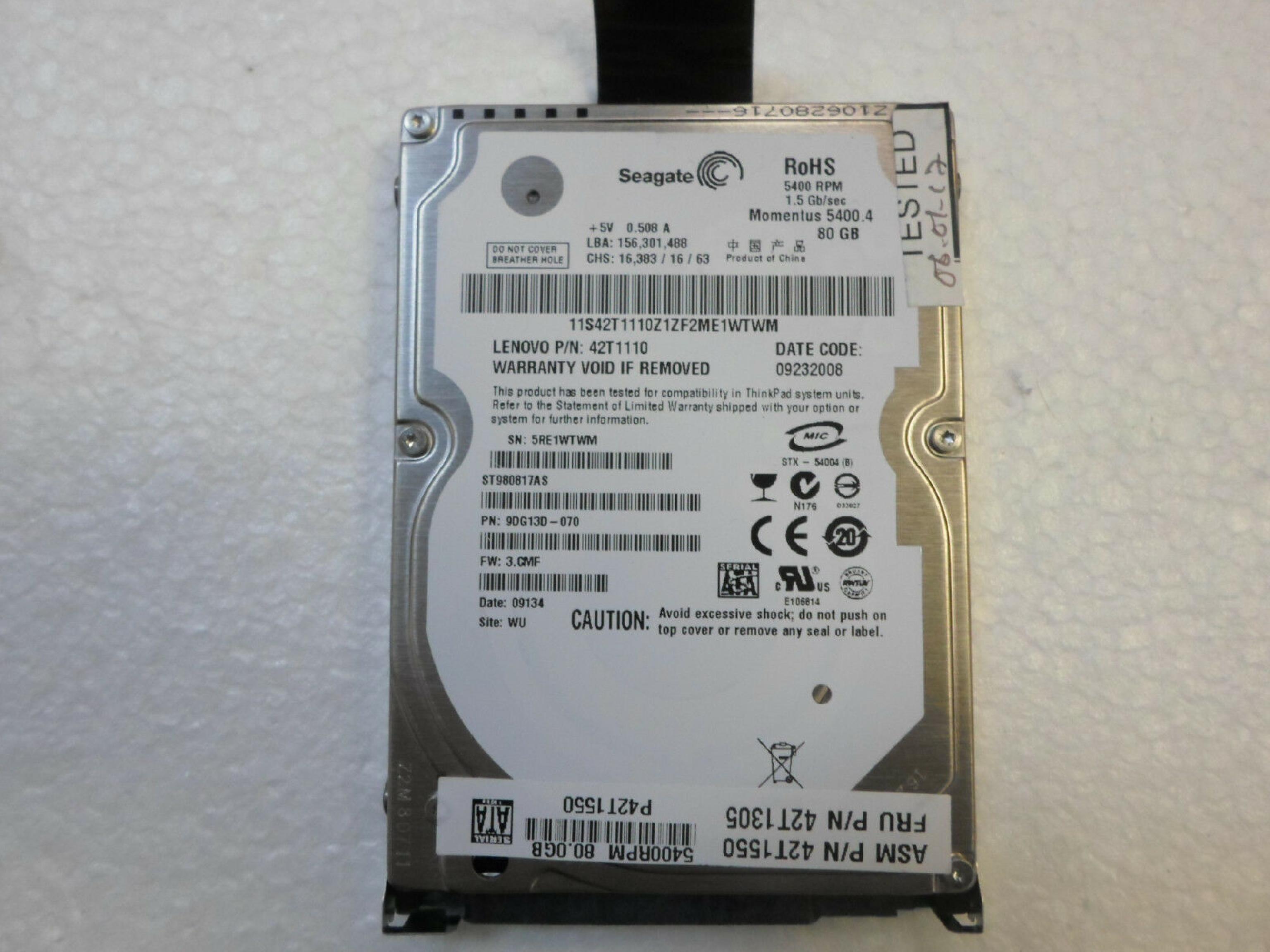 SEAGATE 9DG13D-070 HARD DRIVE 80GB/2.5 INCHES/5400RPM/SATA