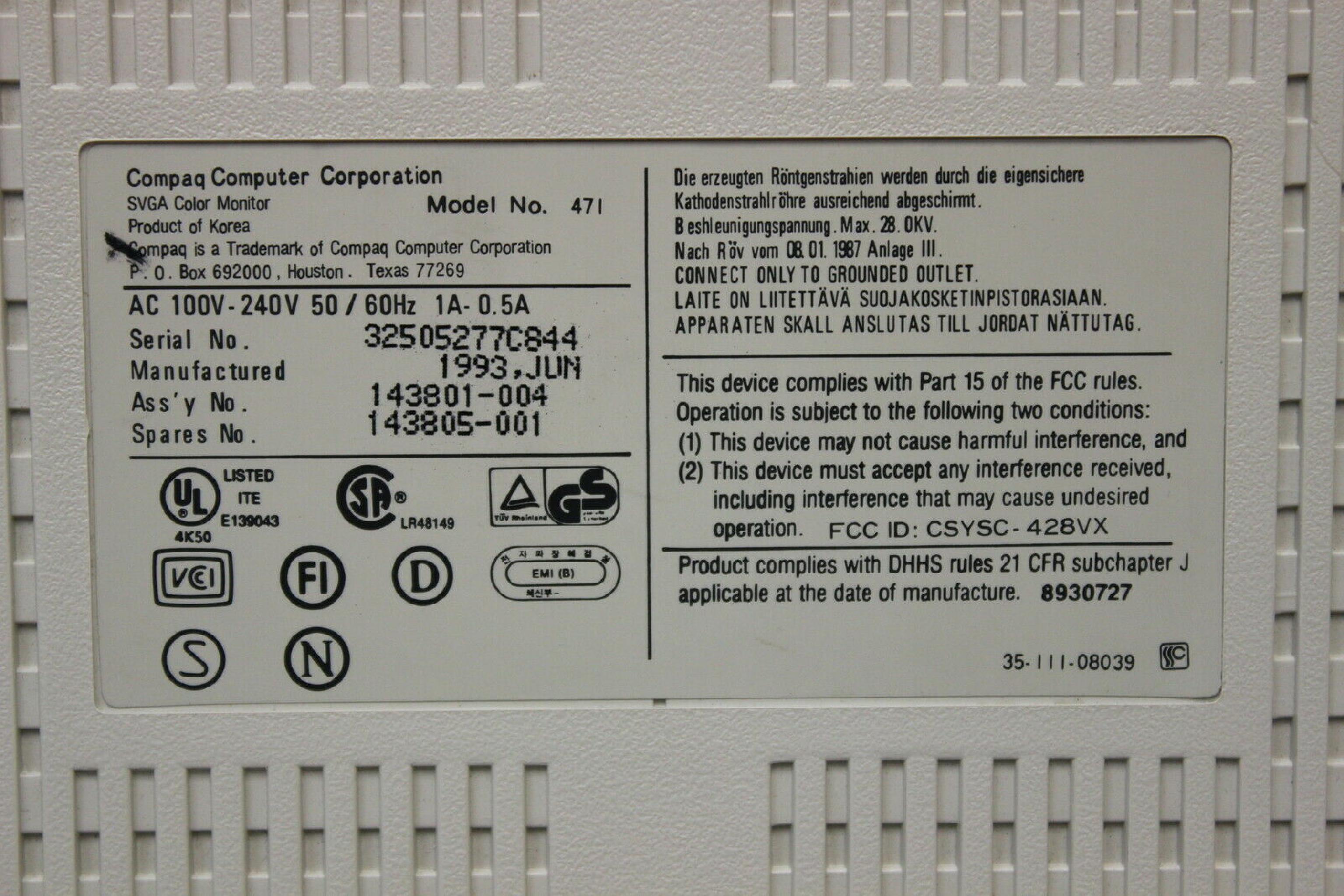 COMPAQ / HEWLETT PACKARD / HP 143805-001 MONITOR