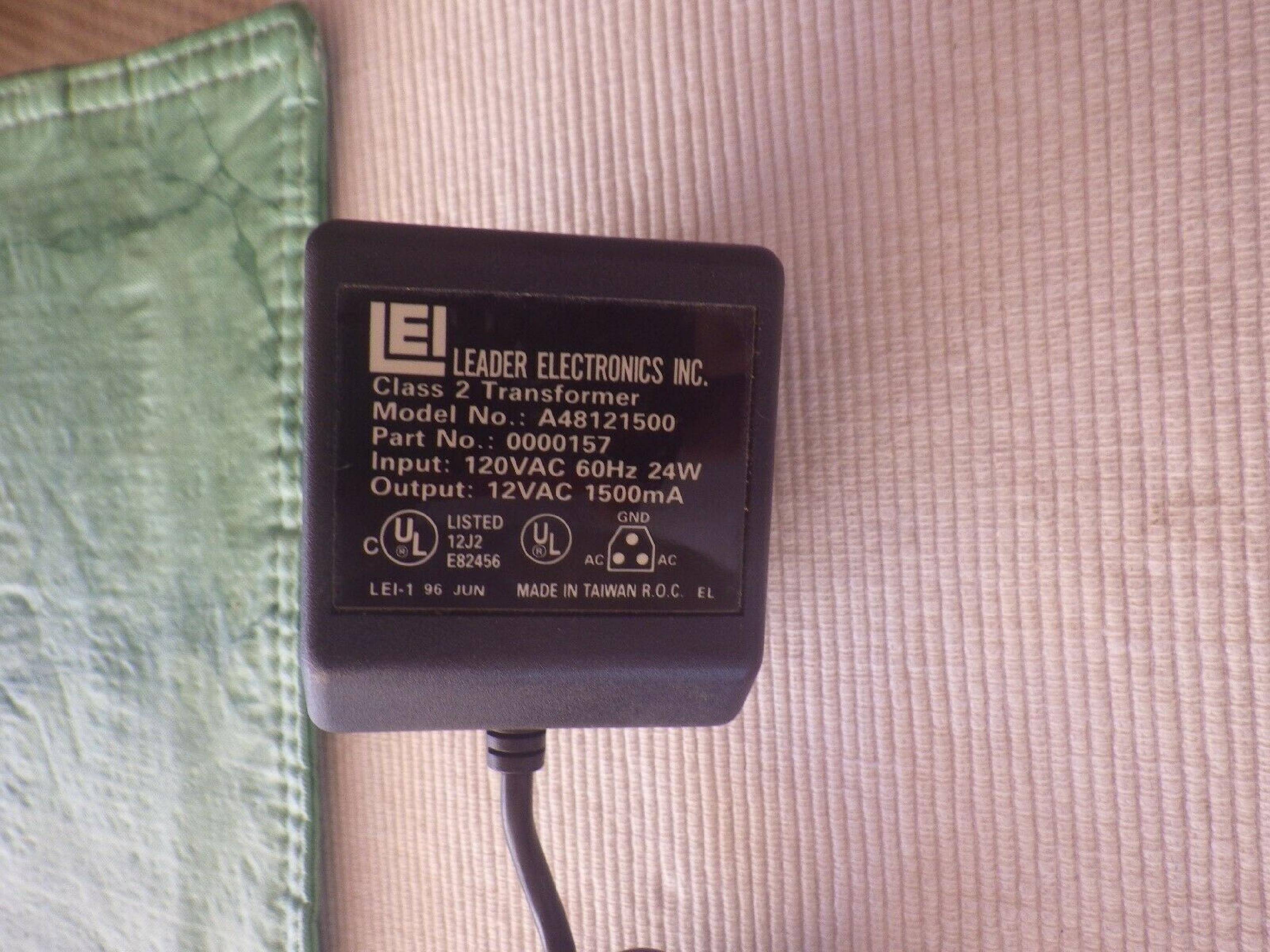 LEADER ELECTRONICS A48121500 AC ADAPTER OUTPUT 12 VAC 1500MA POWER SUPPLY