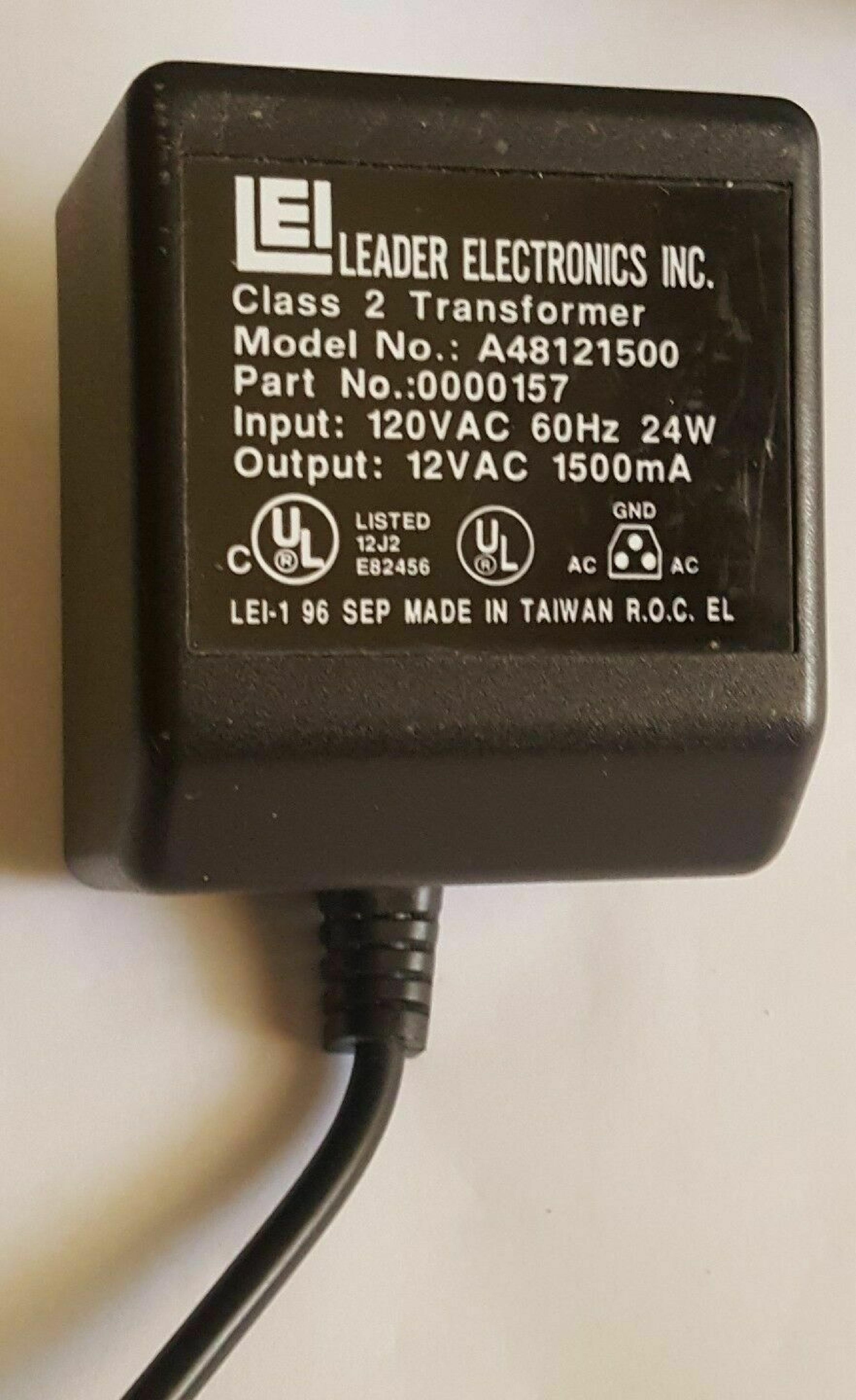 LEADER ELECTRONICS A48121500 AC ADAPTER OUTPUT 12 VAC 1500MA POWER SUPPLY