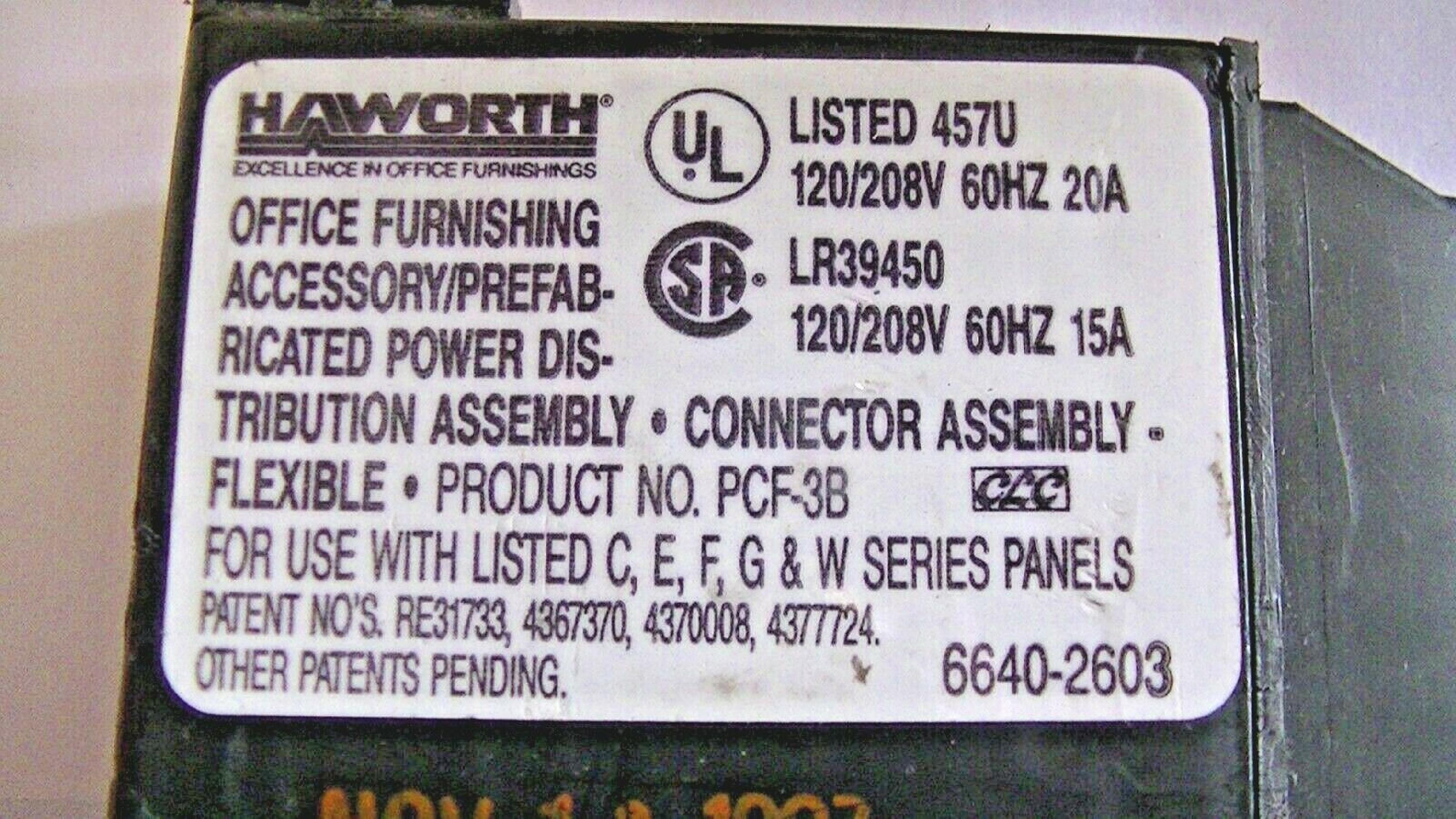 HAWORTH PCF-3B 8 INCHES CABLE FOR C E F G W SERIES PANELS P/N PCSS-3B 6640-4801