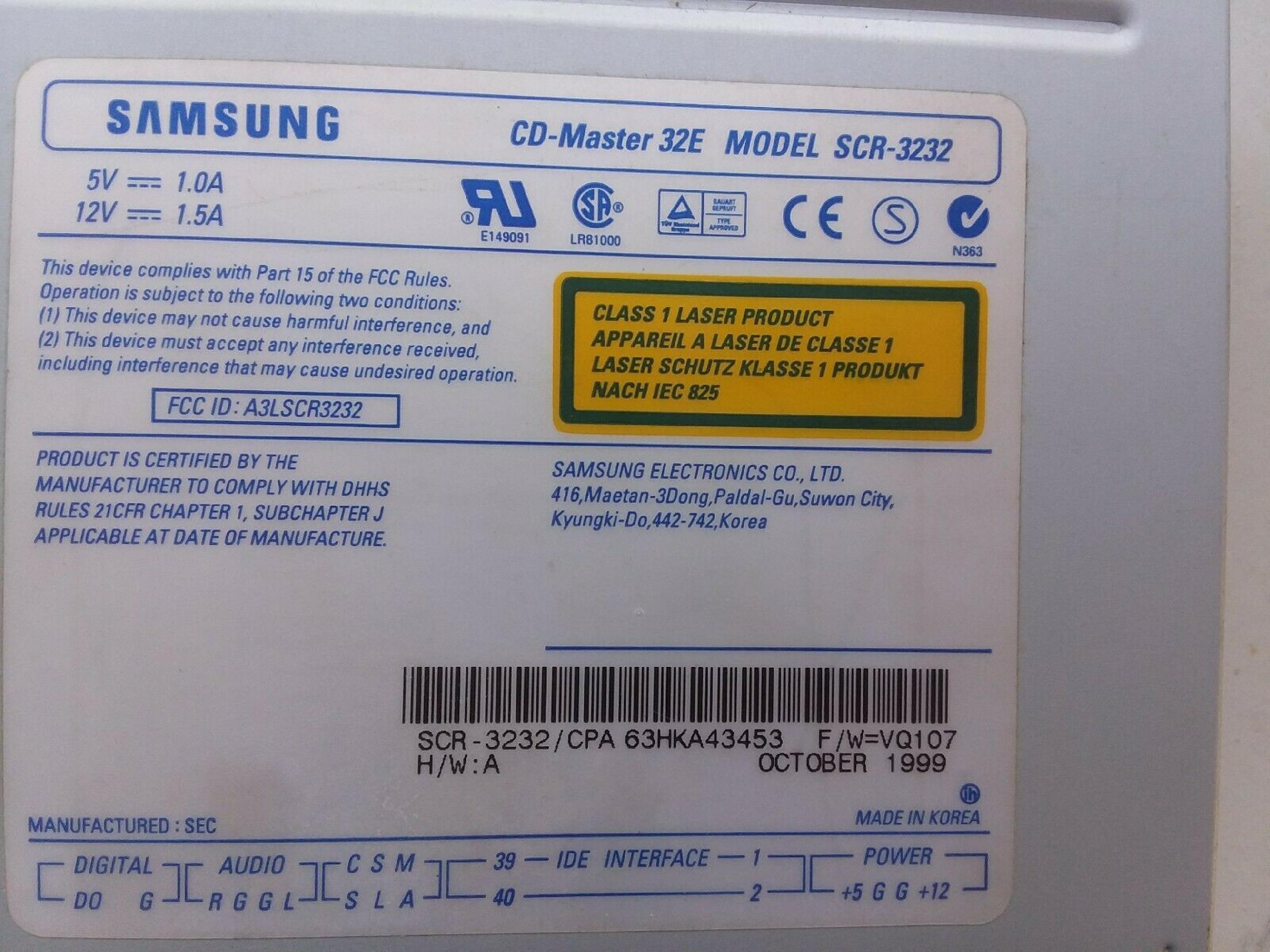 SAMSUNG SCR-3232 CD-MASTER 32E 32X INTERNAL DESKTOP IDE CD-ROM DISK DRIVE