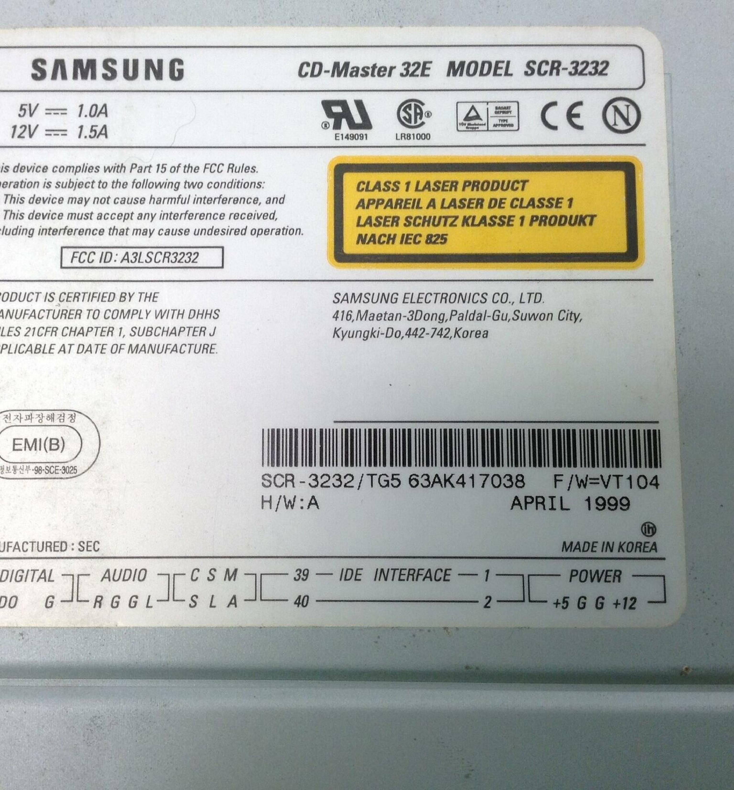 SAMSUNG SCR-3232 CD-MASTER 32E 32X INTERNAL DESKTOP IDE CD-ROM DISK DRIVE